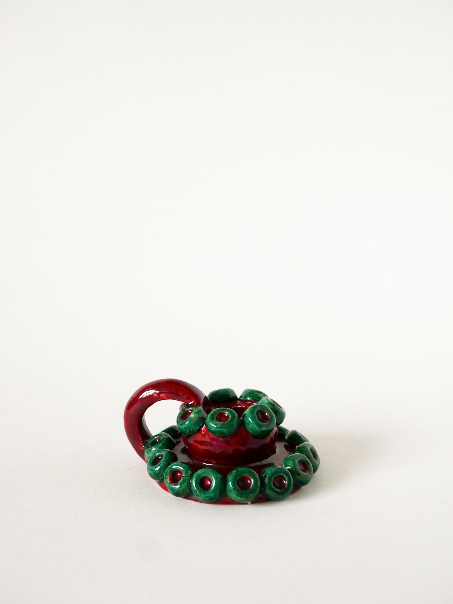 Bougeoir en céramique, fabrication artisanale, Bordeaux et Vert, 1970