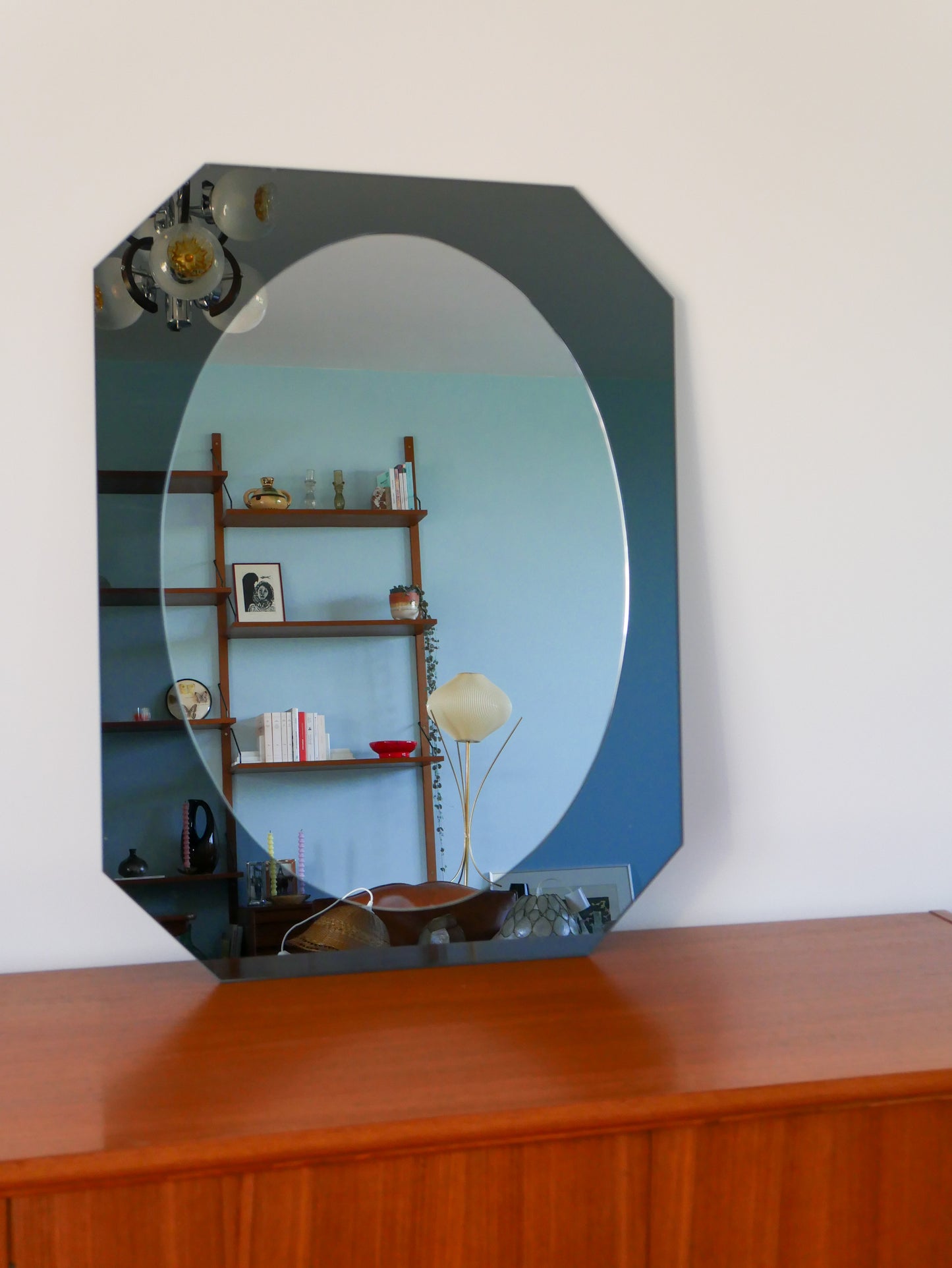 Grand miroir en verre fumé, forme hexagonale, Design, 1970