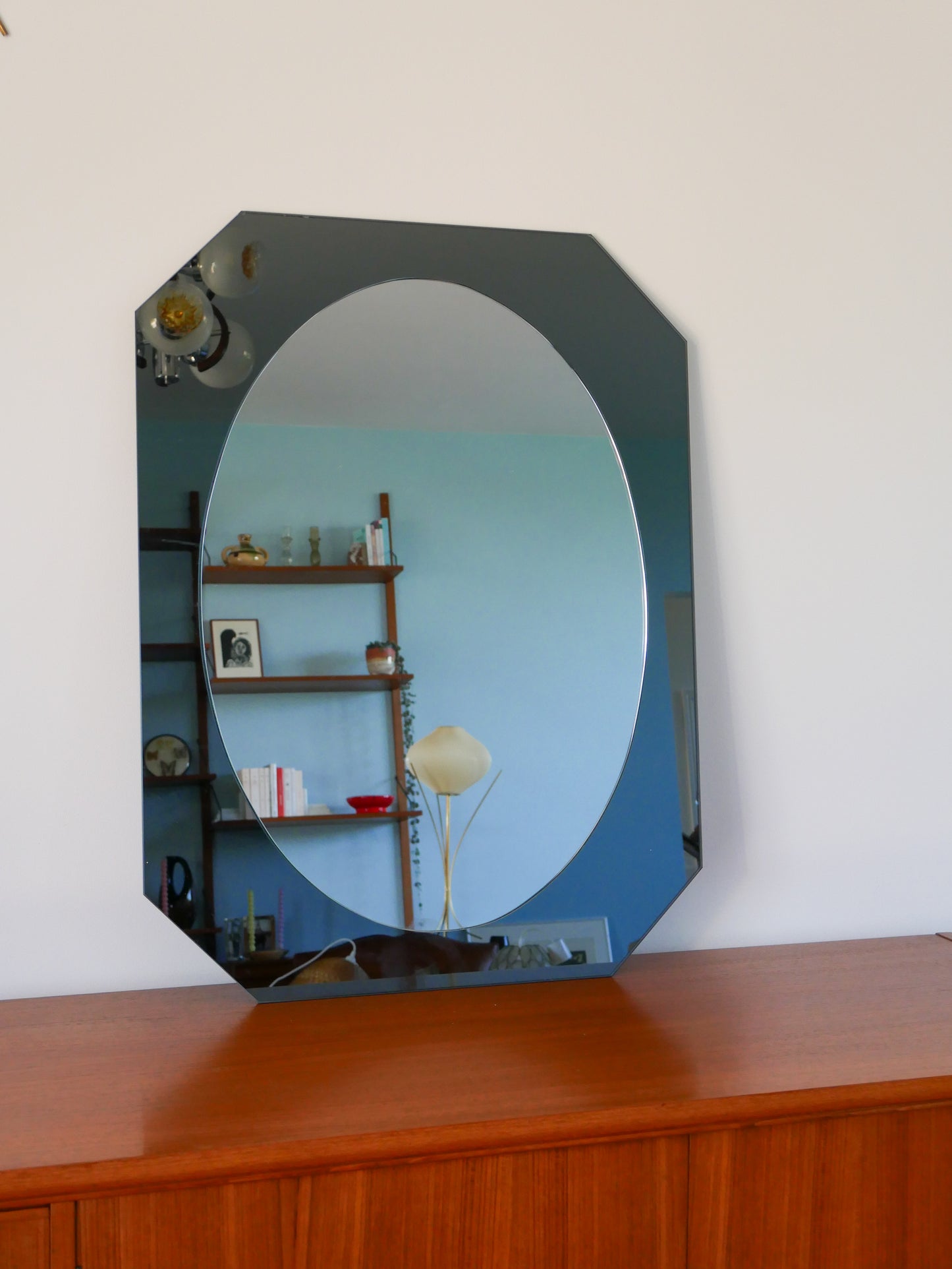 Grand miroir en verre fumé, forme hexagonale, Design, 1970