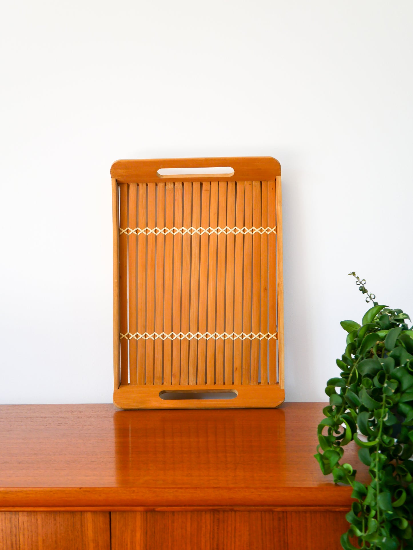 Plateau en bois et rotin, vintage, 1970