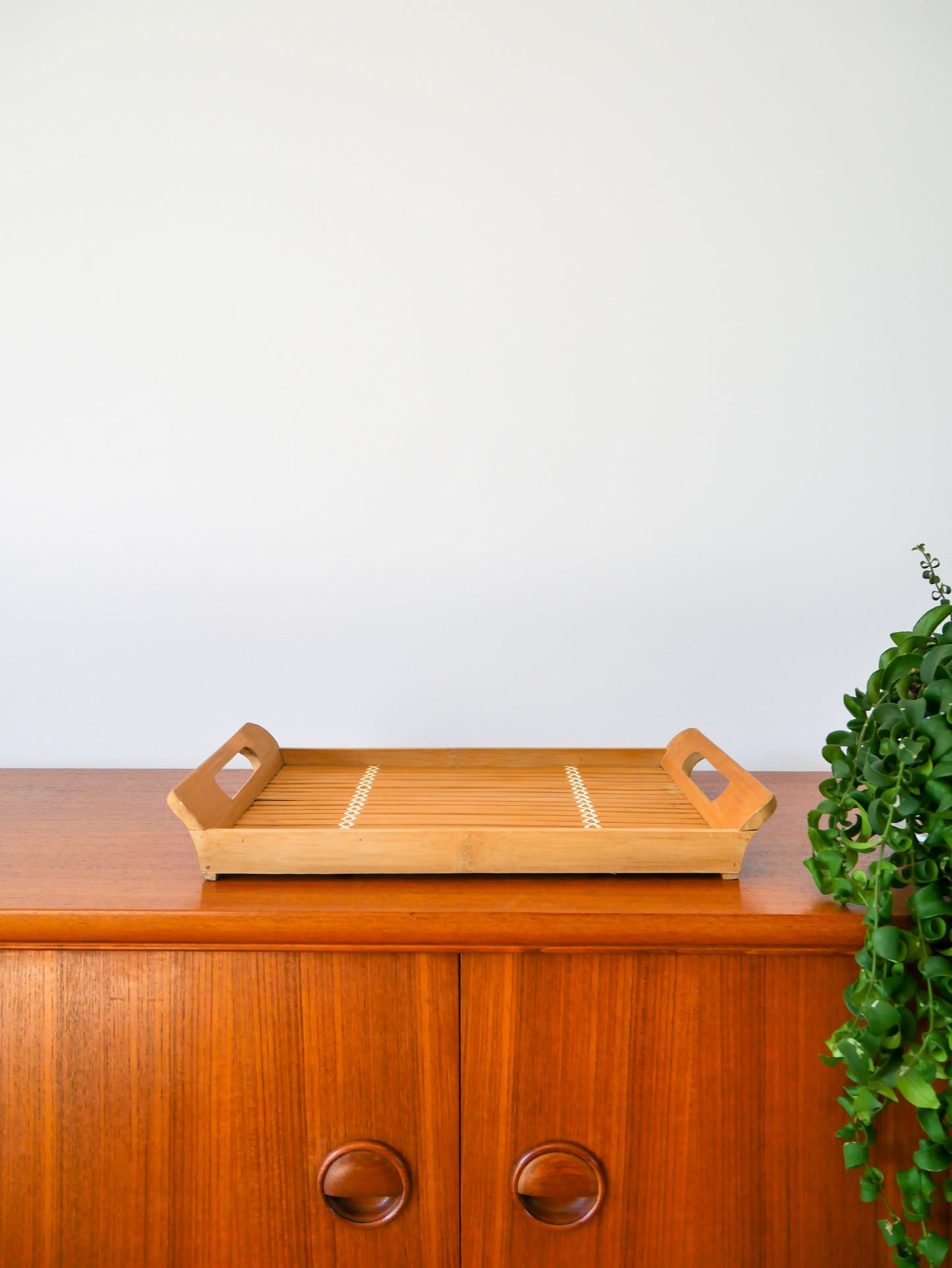 Plateau en bois et rotin, vintage, 1970