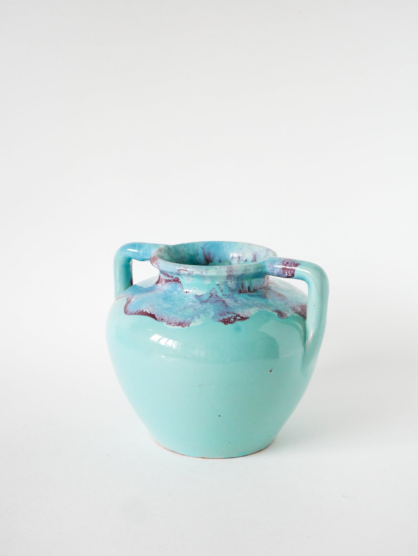 Grand vase en céramique à anse, Bleu Ciel et Rose, Made in France, 1960