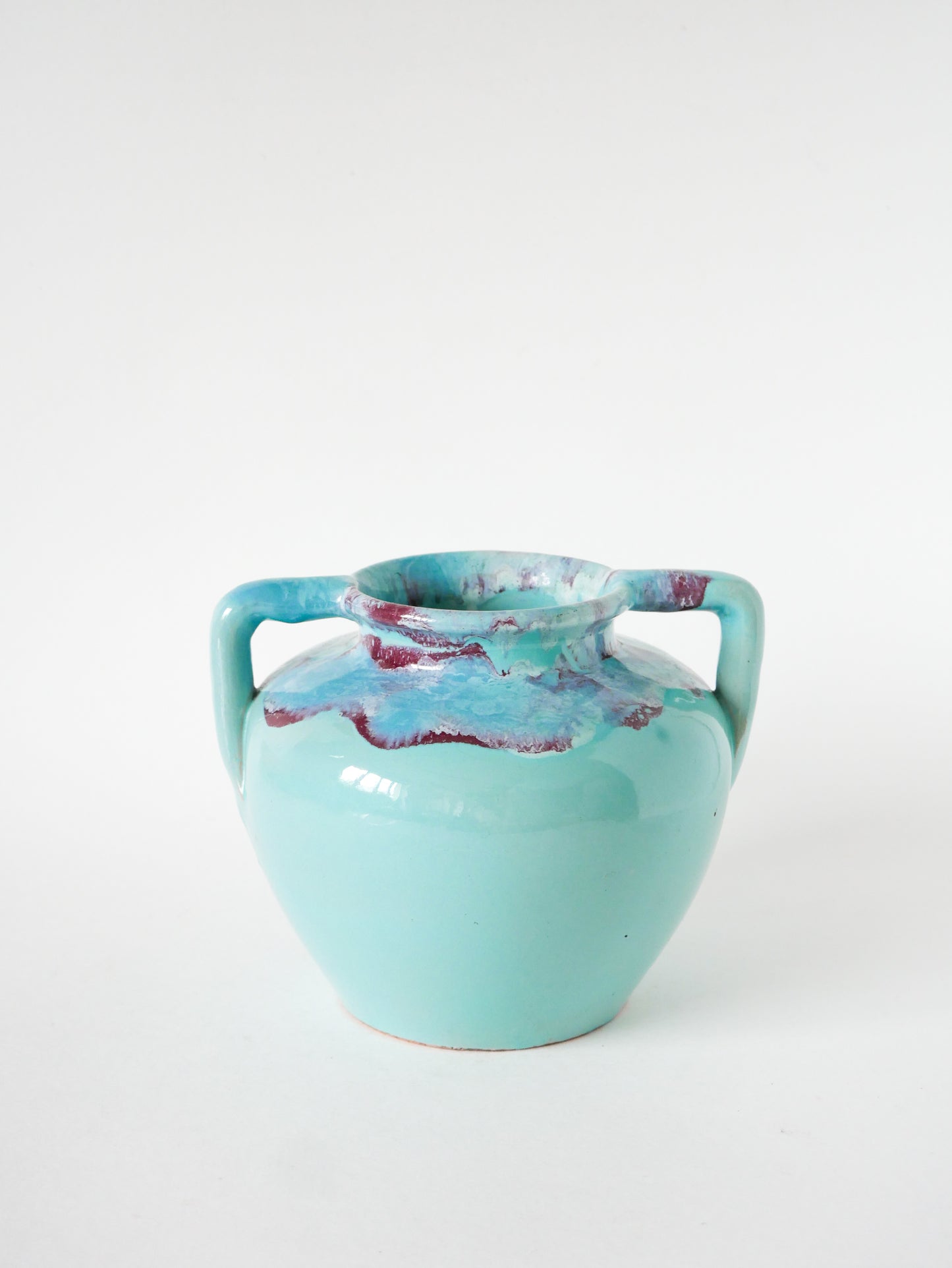 Grand vase en céramique à anse, Bleu Ciel et Rose, Made in France, 1960
