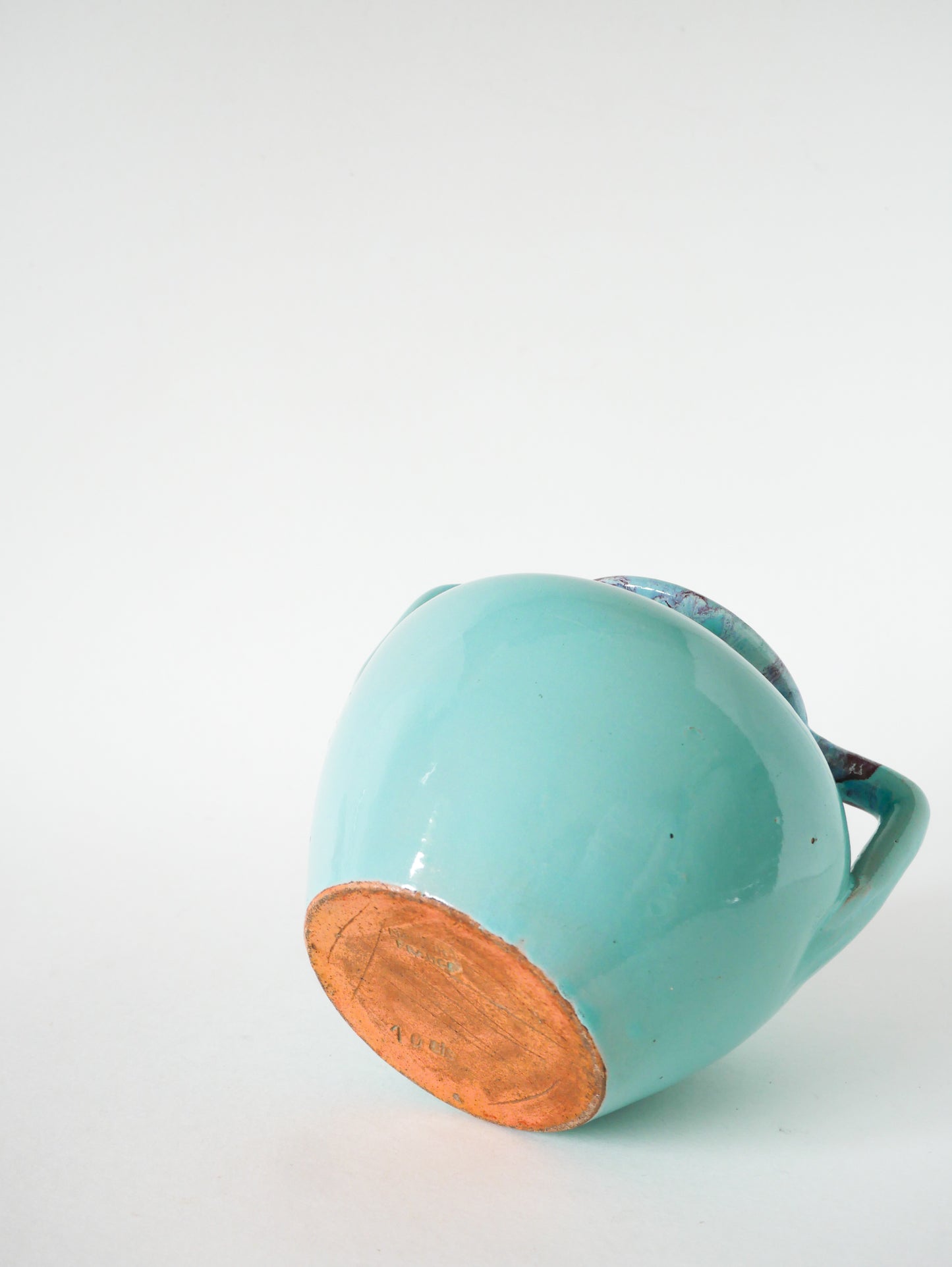 Grand vase en céramique à anse, Bleu Ciel et Rose, Made in France, 1960
