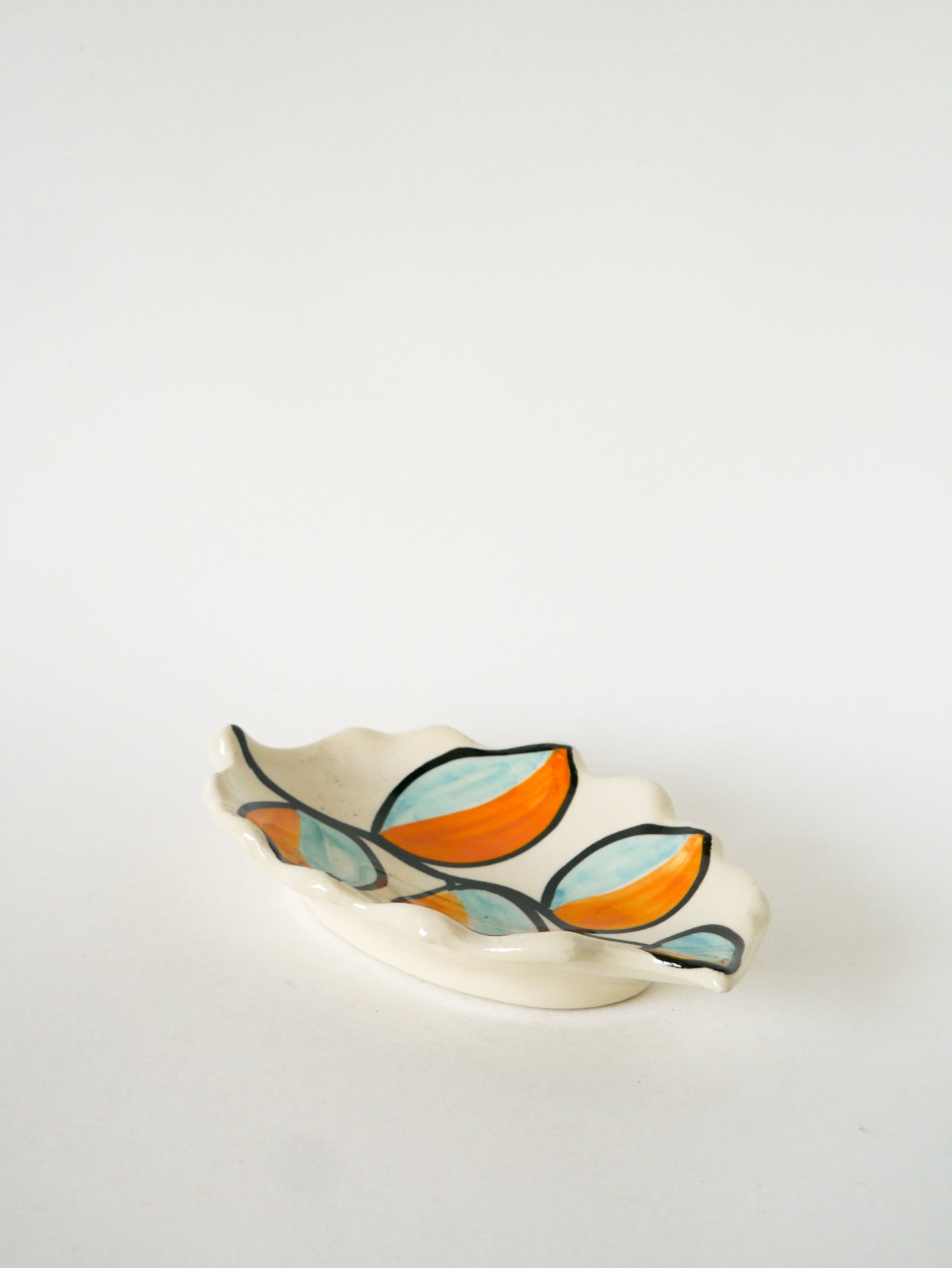 Vide-poche en céramique, forme feuilles, Orange et Bleu, Psyché, 1970