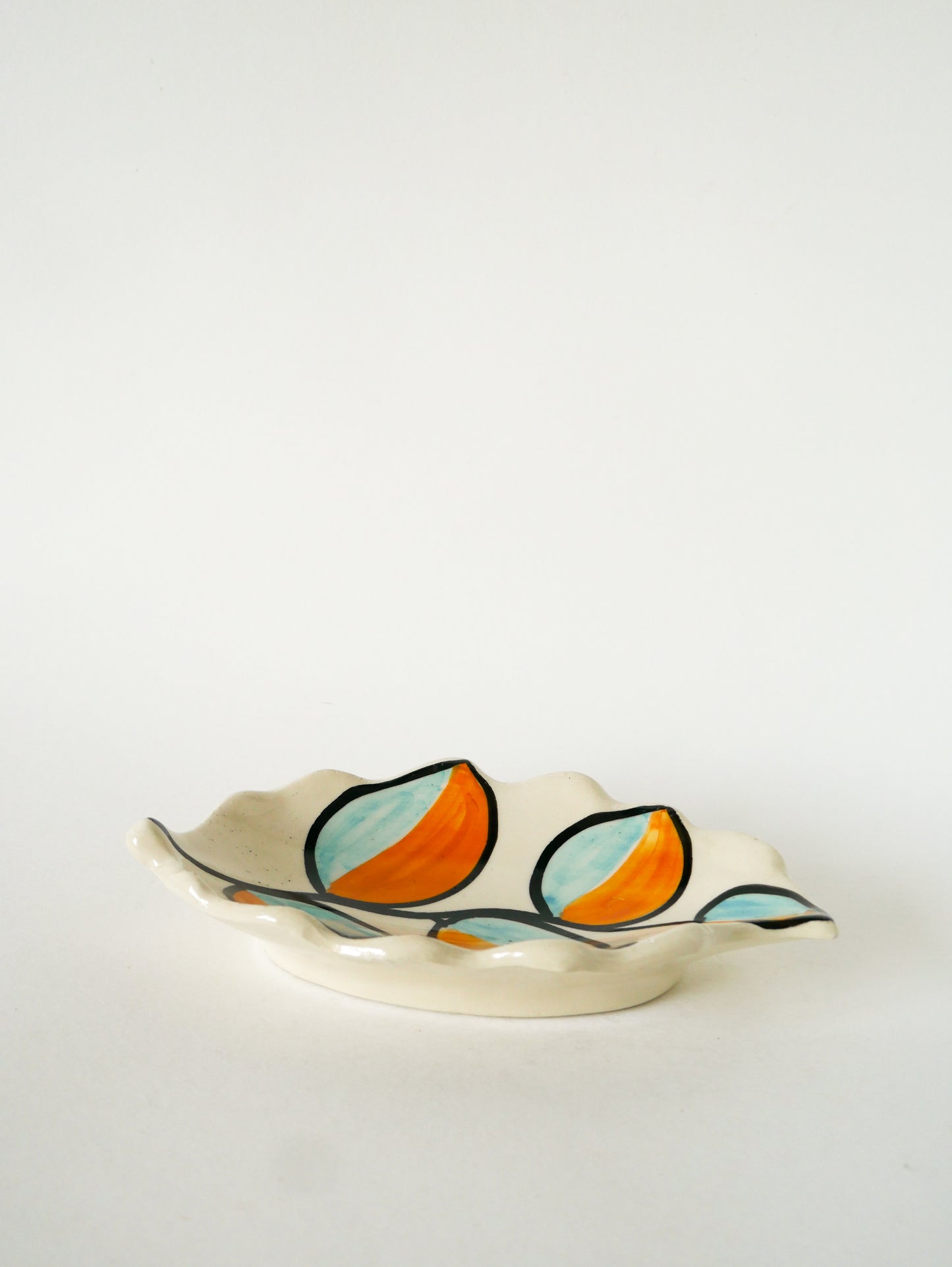 Vide-poche en céramique, forme feuilles, Orange et Bleu, Psyché, 1970