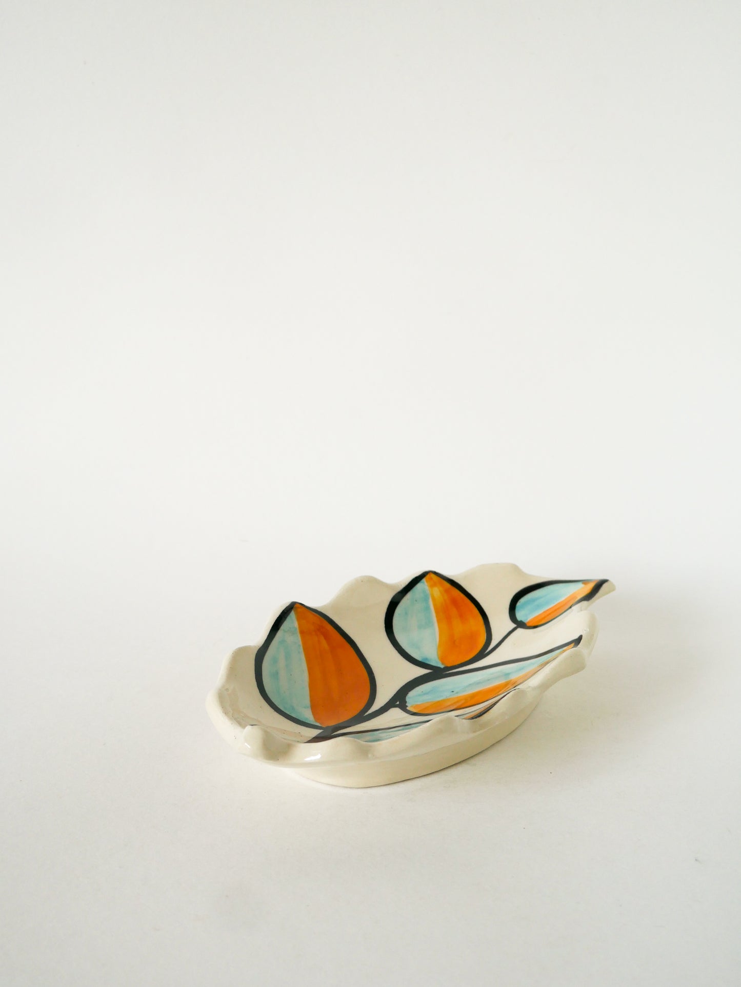 Vide-poche en céramique, forme feuilles, Orange et Bleu, Psyché, 1970