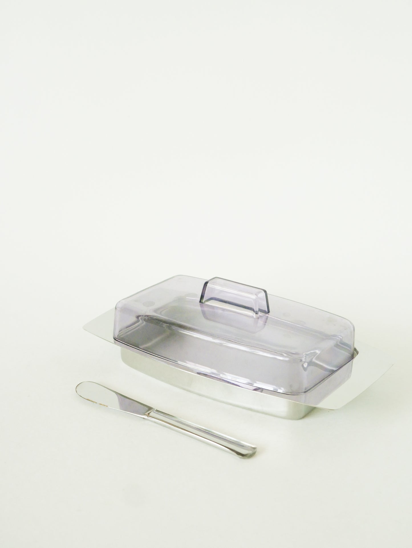Beurrier en inox & plexi, avec son couteau, Design, 1970