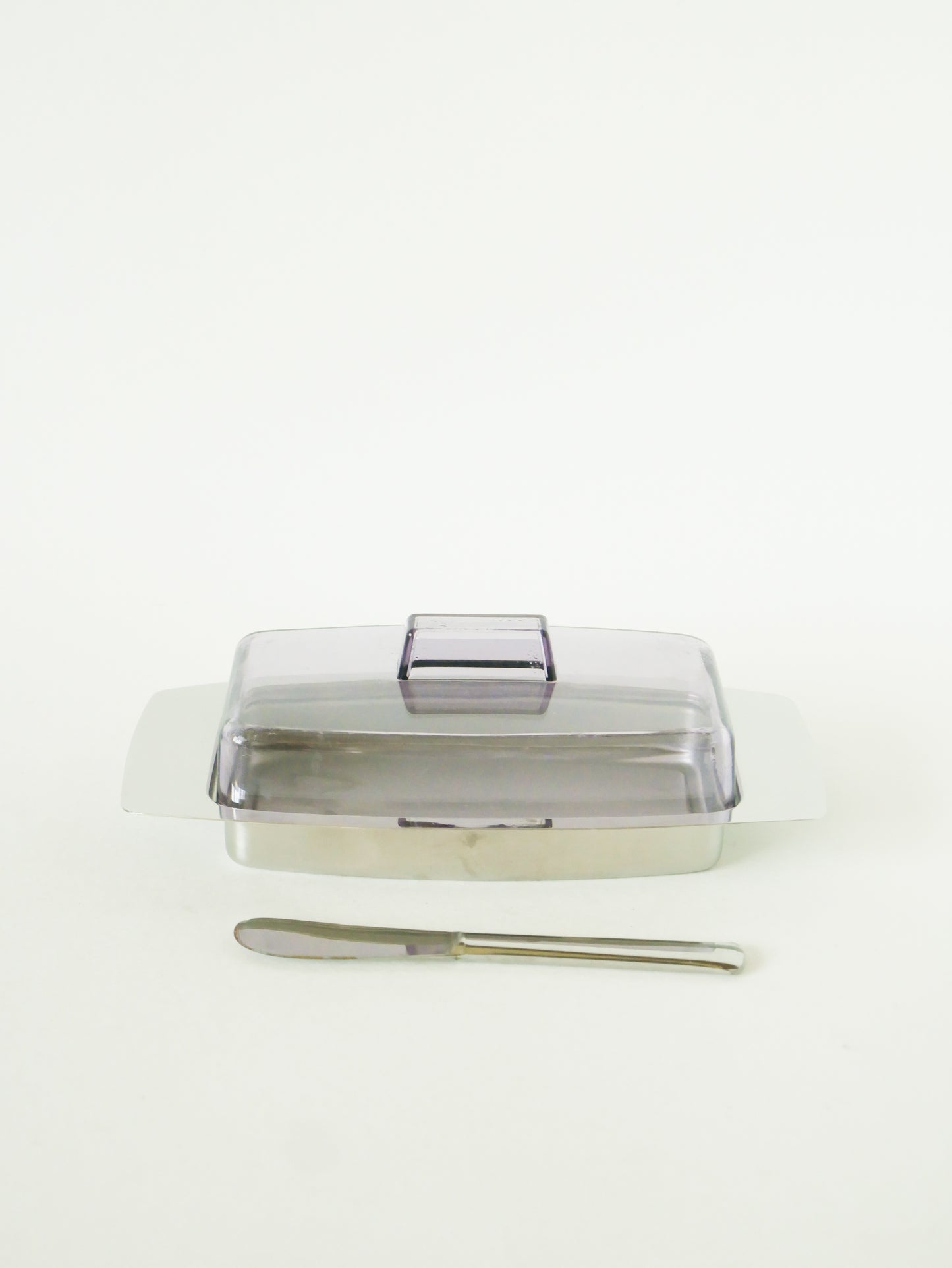 Beurrier en inox & plexi, avec son couteau, Design, 1970