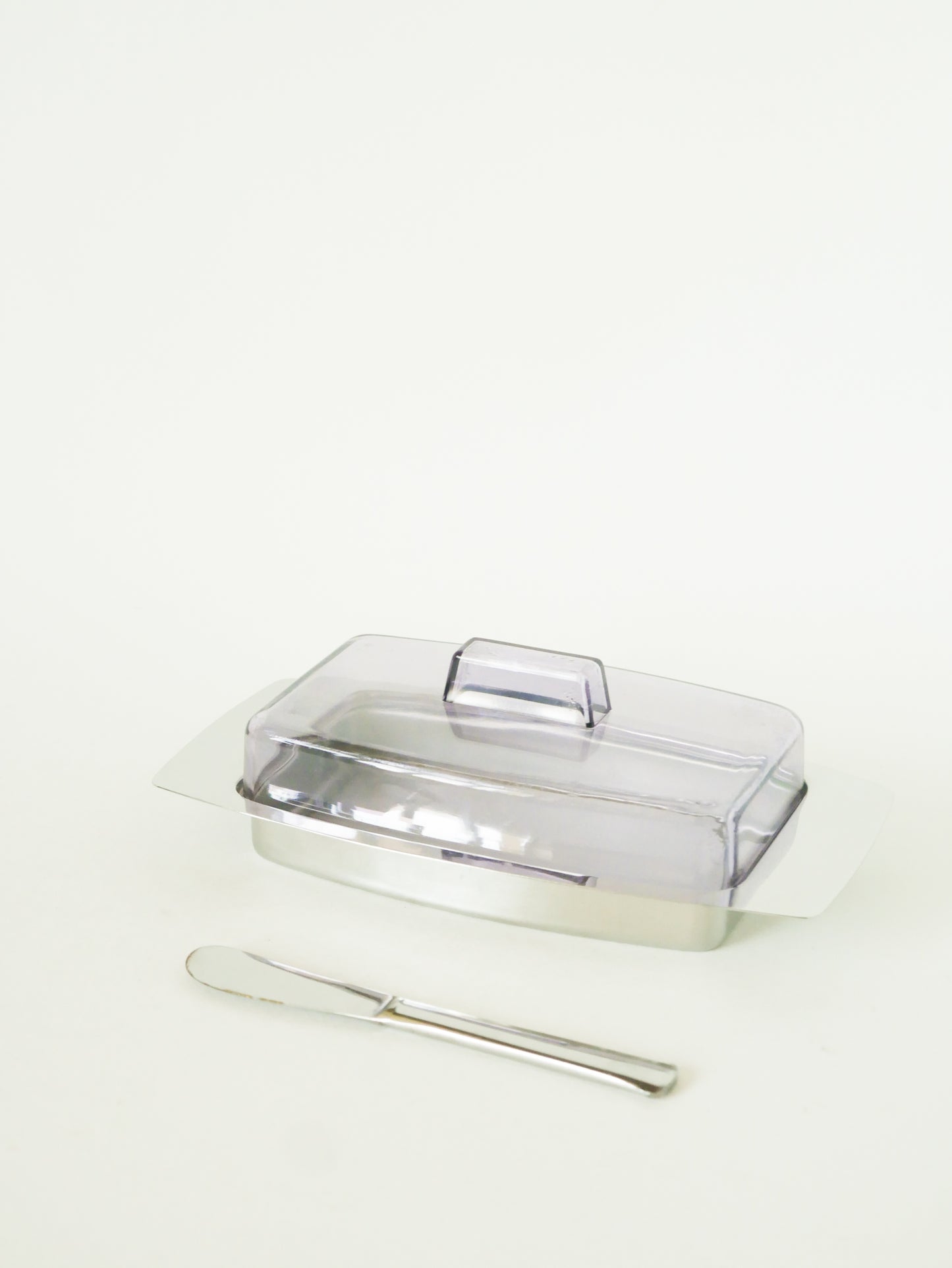 Beurrier en inox & plexi, avec son couteau, Design, 1970