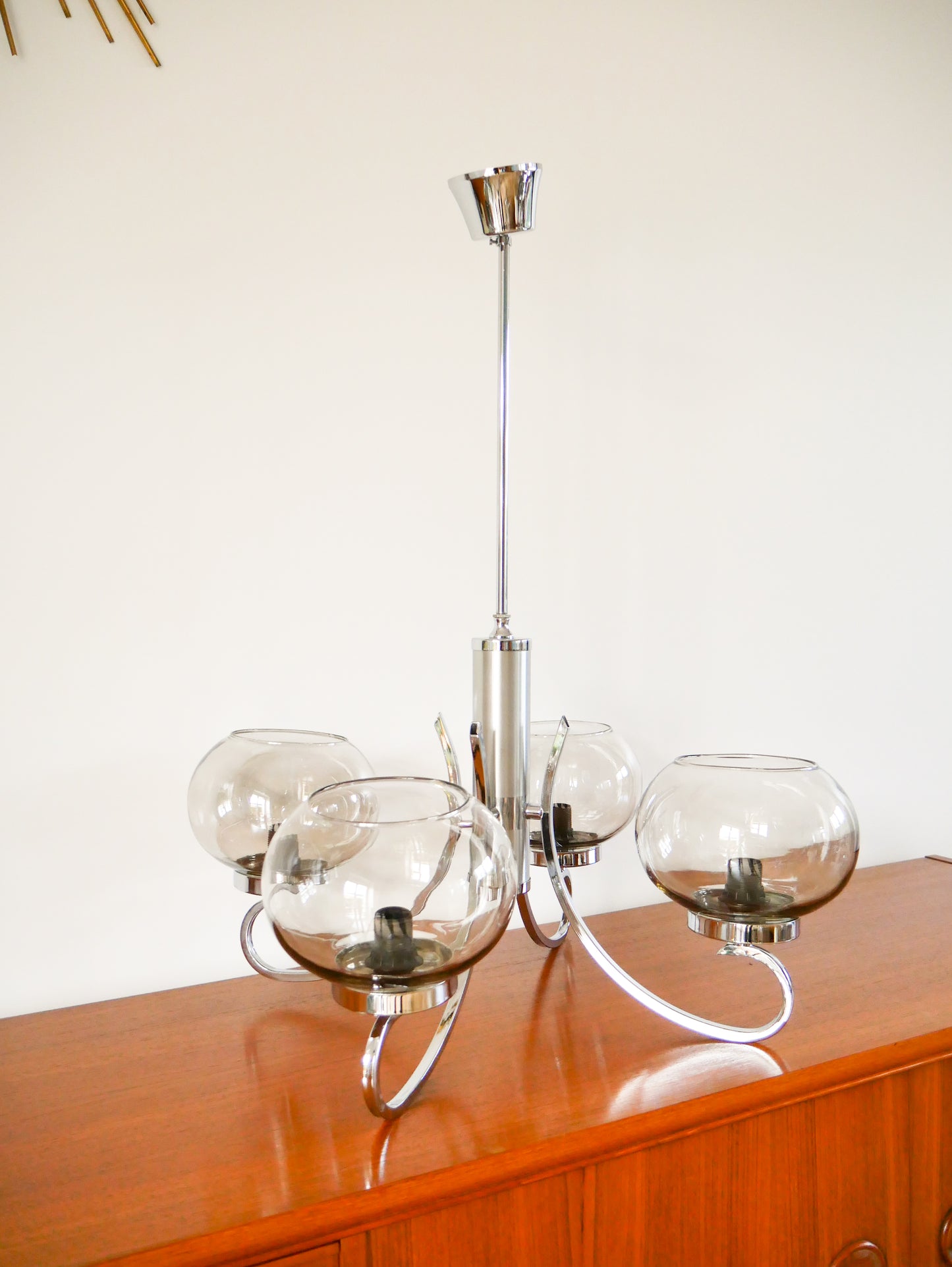 Lustre Gaetano Sciolari, 4 feux, en chrome et verre fumé, 1970