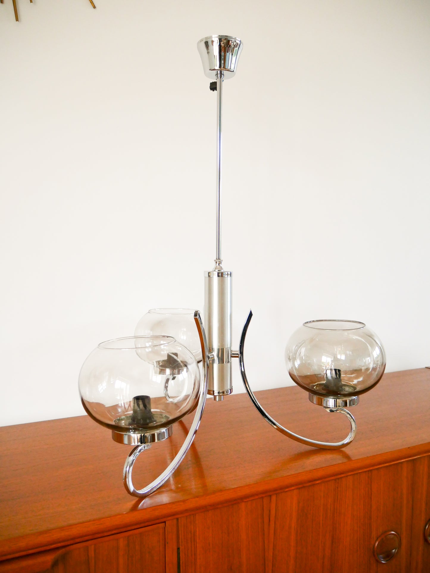 Lustre Gaetano Sciolari, 3 feux, en chrome et verre fumé, 1970