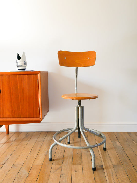 Chaise d'architecte haute, en bois et fer, hauteur réglable, Design Industriel, 1970