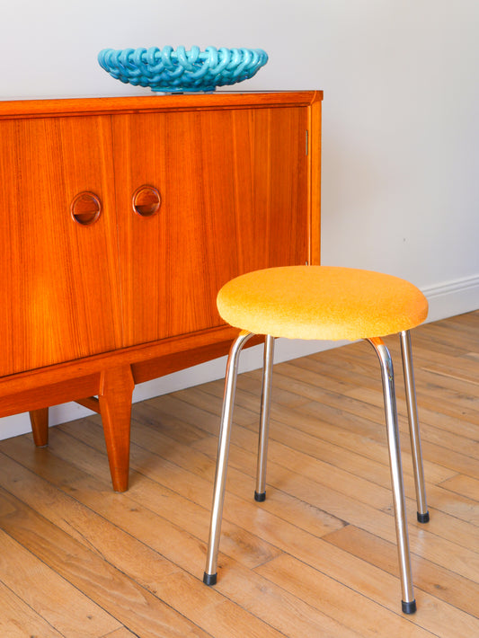 Tabouret en chrome et laine bouillie, Orange, 1970