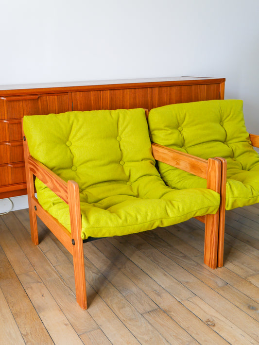 Paire de chauffeuses en pin et laine bouillie, Vert Matcha, 1980