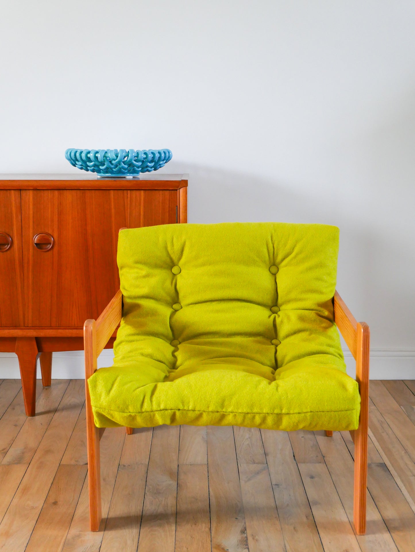 Paire de chauffeuses en pin et laine bouillie, Vert Matcha, 1980
