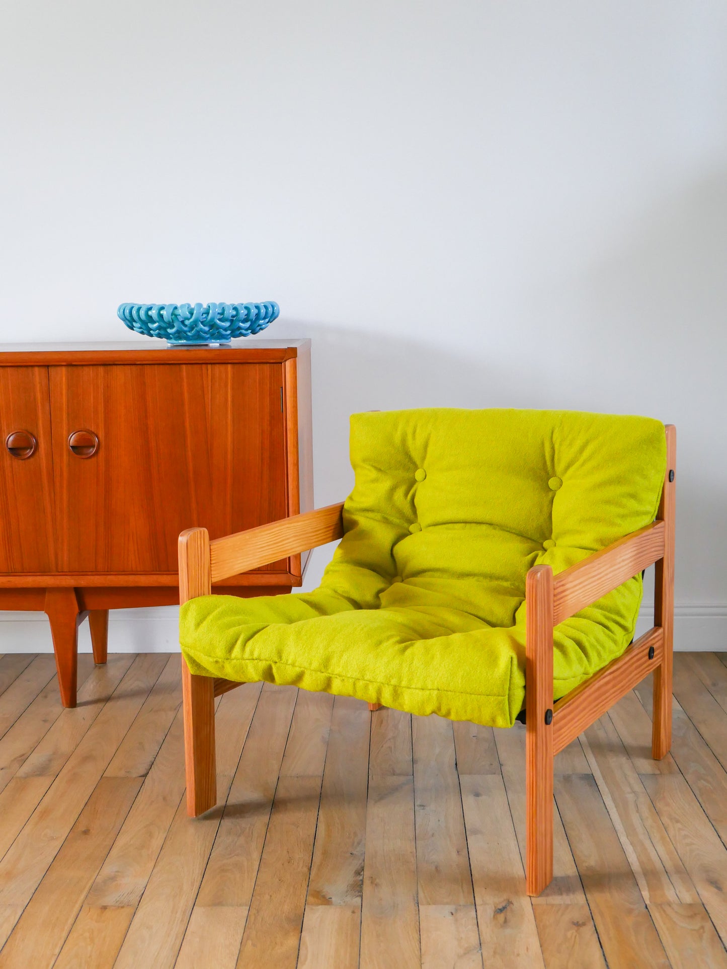 Paire de chauffeuses en pin et laine bouillie, Vert Matcha, 1980