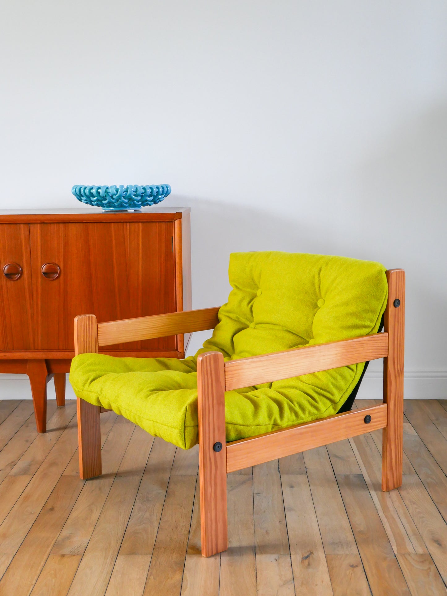 Paire de chauffeuses en pin et laine bouillie, Vert Matcha, 1980
