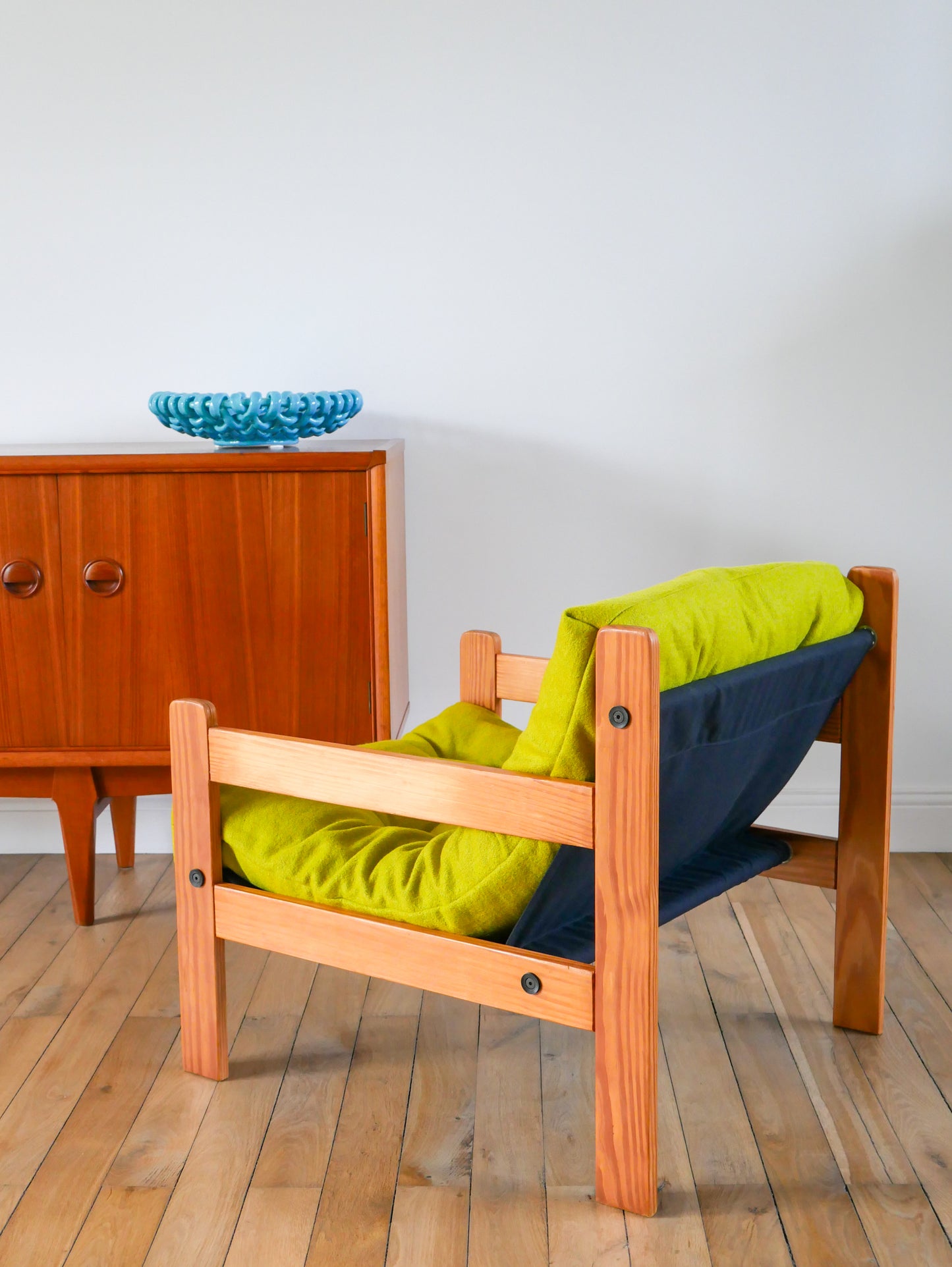 Paire de chauffeuses en pin et laine bouillie, Vert Matcha, 1980
