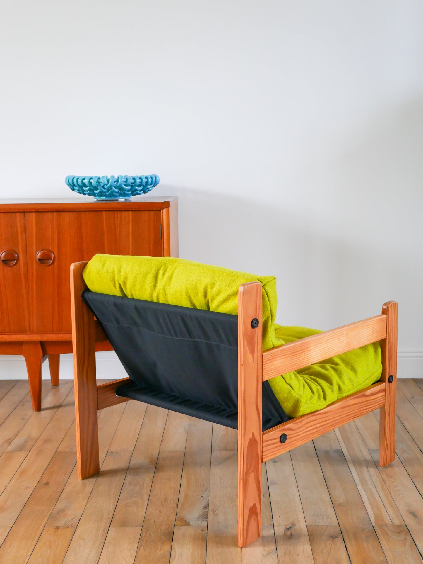 Paire de chauffeuses en pin et laine bouillie, Vert Matcha, 1980