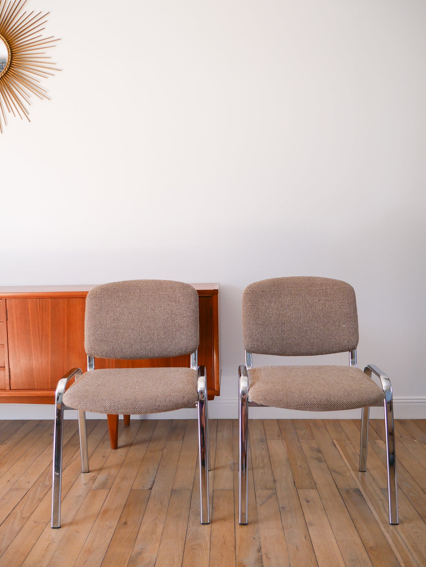 Paire de chaises en chrome et Laine, Beige, 1980