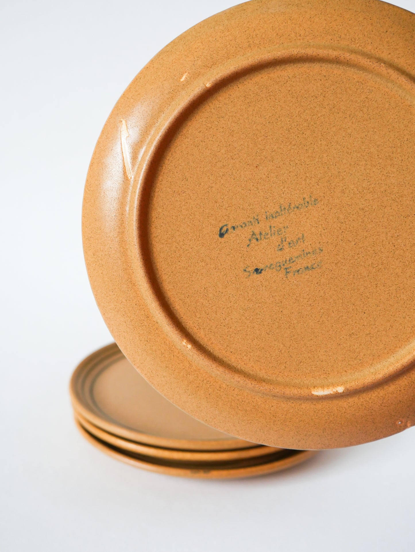 Lot de 4 assiettes à dessert en grès à liserés Sarreguemines, Made in France, 1970