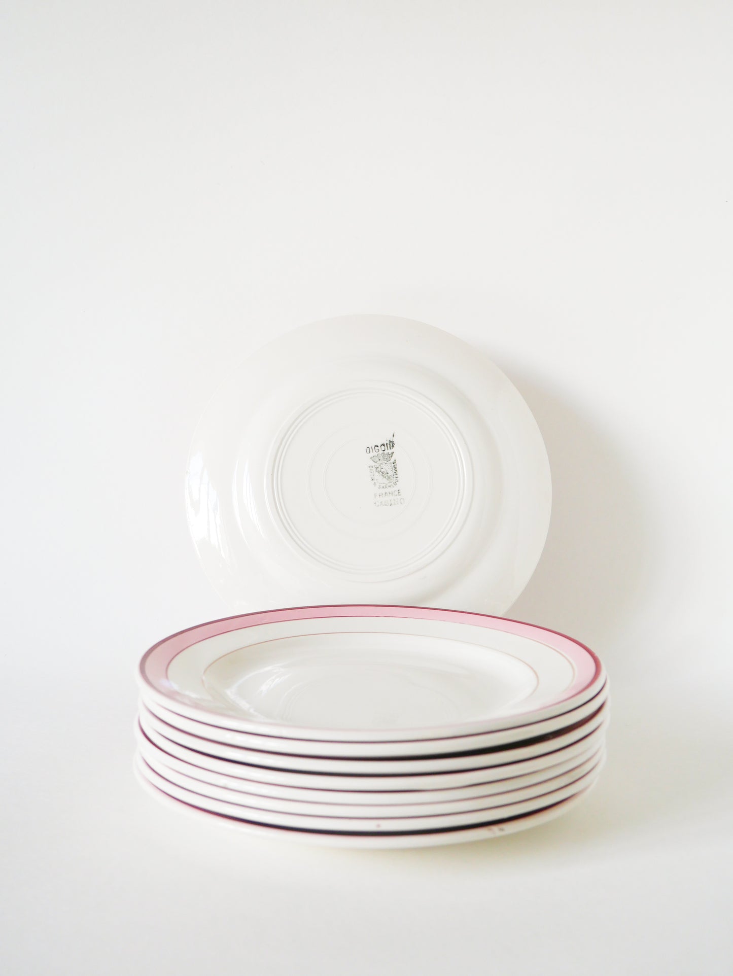 Lot de 9 assiettes à dessert Digoin, Modèle Lignes, Rose, 1960