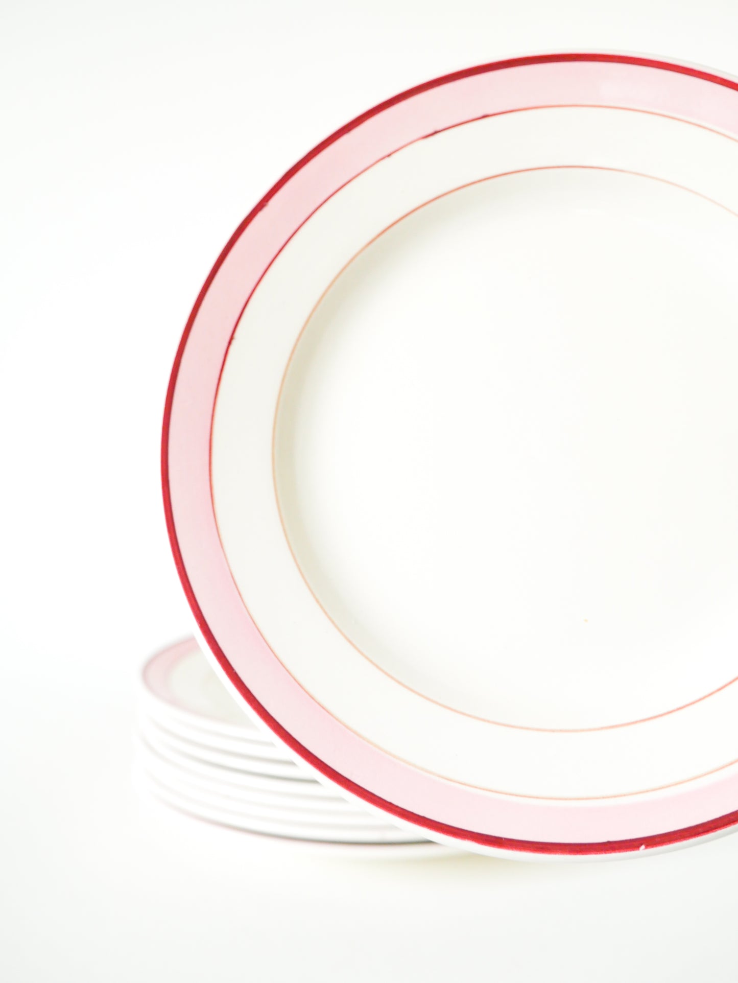 Lot de 9 assiettes à dessert Digoin, Modèle Lignes, Rose, 1960