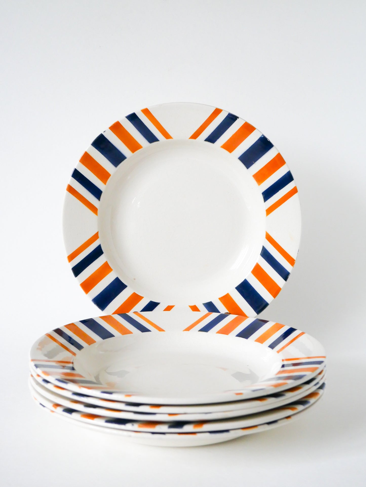 Lot de 6 assiettes creuses à rayures, HBCM modèle "Eskualouna", Orange et Bleu, 1960