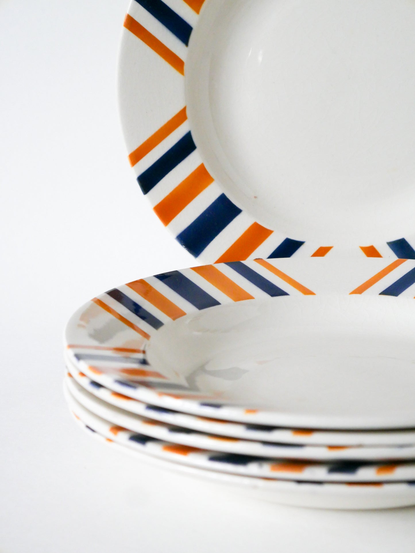 Lot de 6 assiettes creuses à rayures, HBCM modèle "Eskualouna", Orange et Bleu, 1960
