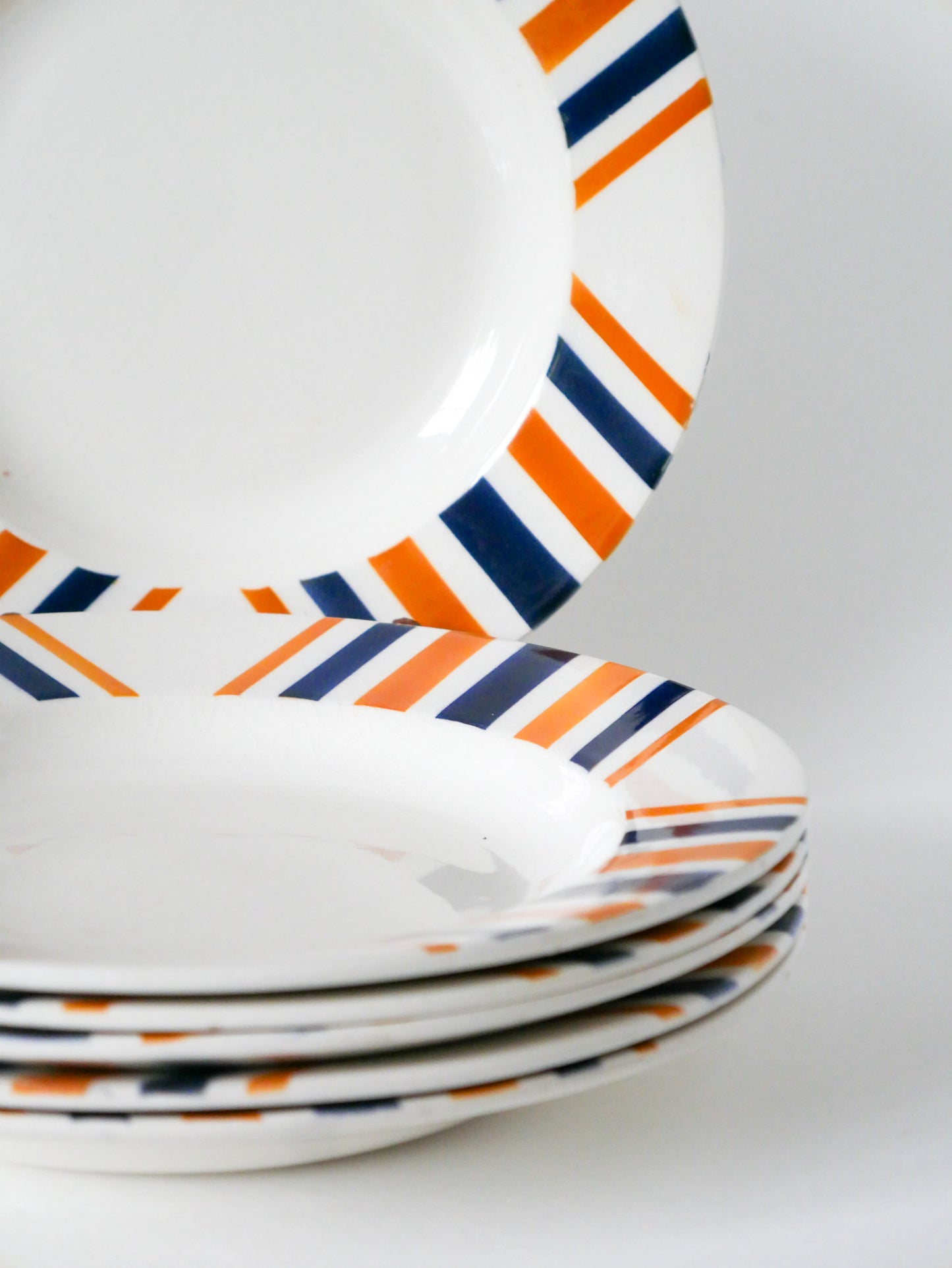 Lot de 6 assiettes creuses à rayures, HBCM modèle "Eskualouna", Orange et Bleu, 1960
