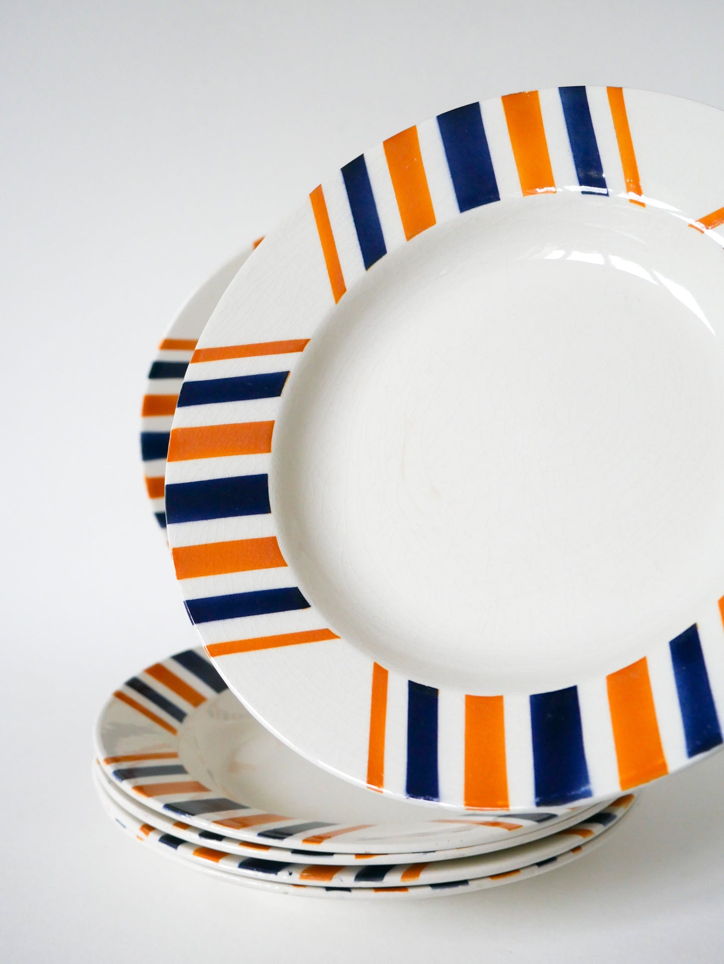 Lot de 6 assiettes creuses à rayures, HBCM modèle "Eskualouna", Orange et Bleu, 1960