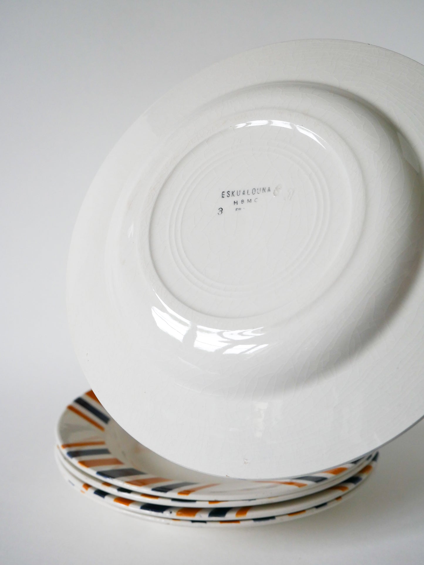 Lot de 6 assiettes creuses à rayures, HBCM modèle "Eskualouna", Orange et Bleu, 1960