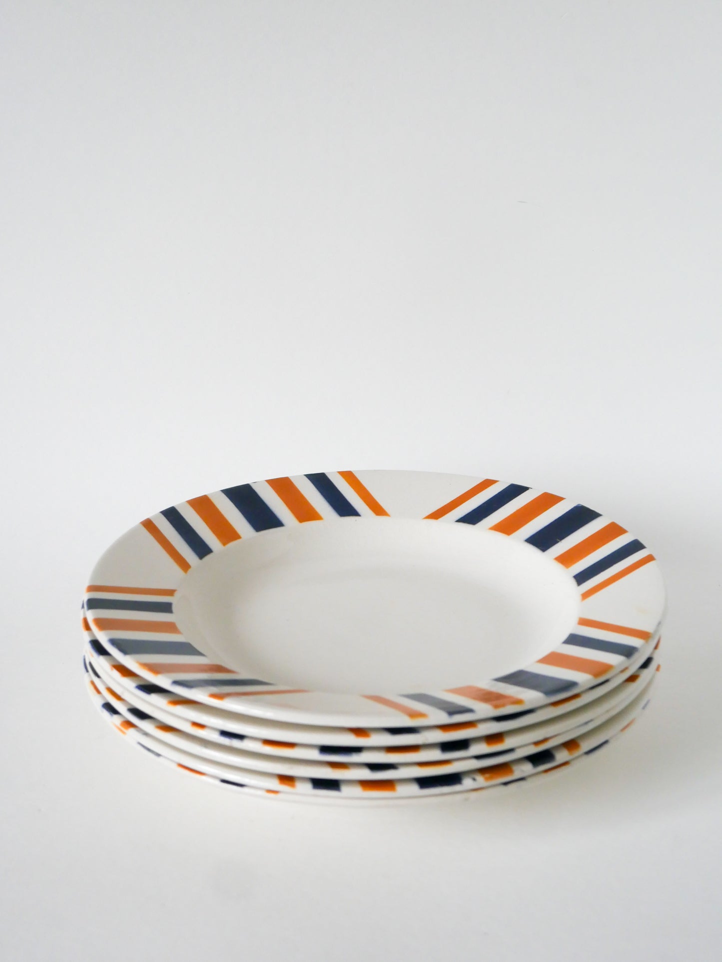 Lot de 6 assiettes creuses à rayures, HBCM modèle "Eskualouna", Orange et Bleu, 1960