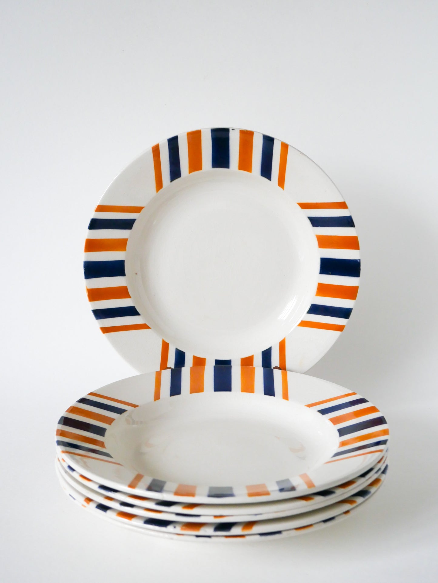 Lot de 6 assiettes creuses à rayures, HBCM modèle "Eskualouna", Orange et Bleu, 1960