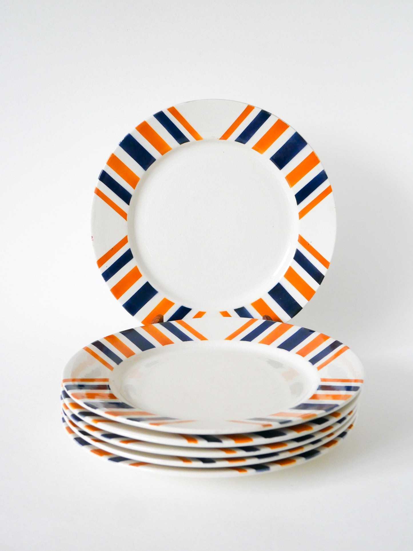 Lot de 6 assiettes plates à rayures, HBCM modèle "Eskualouna", Orange et Bleu, 1960