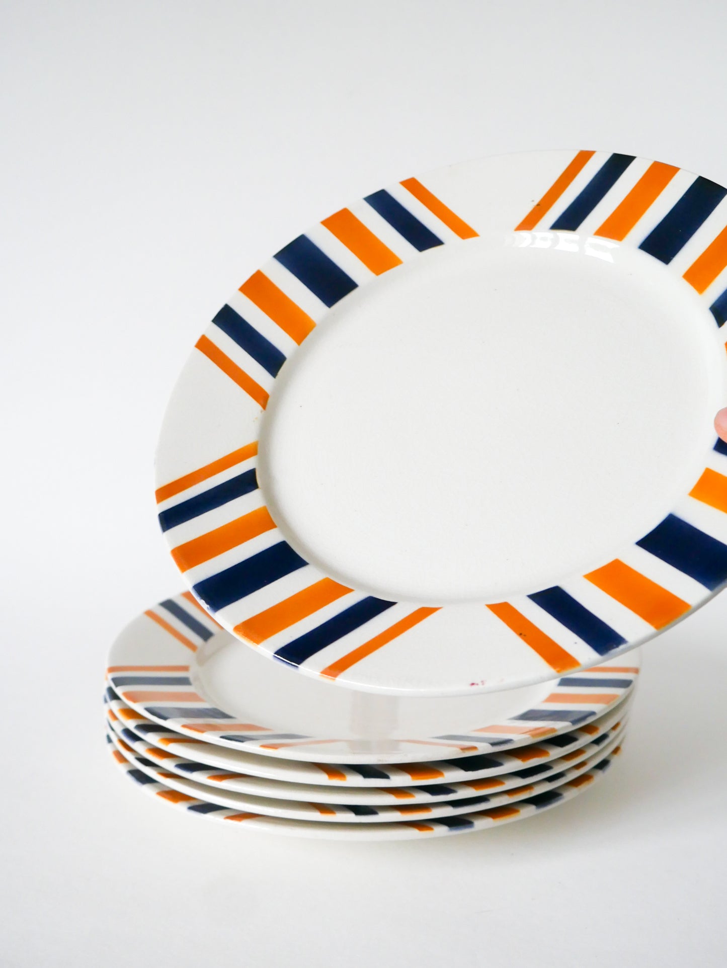 Lot de 6 assiettes plates à rayures, HBCM modèle "Eskualouna", Orange et Bleu, 1960
