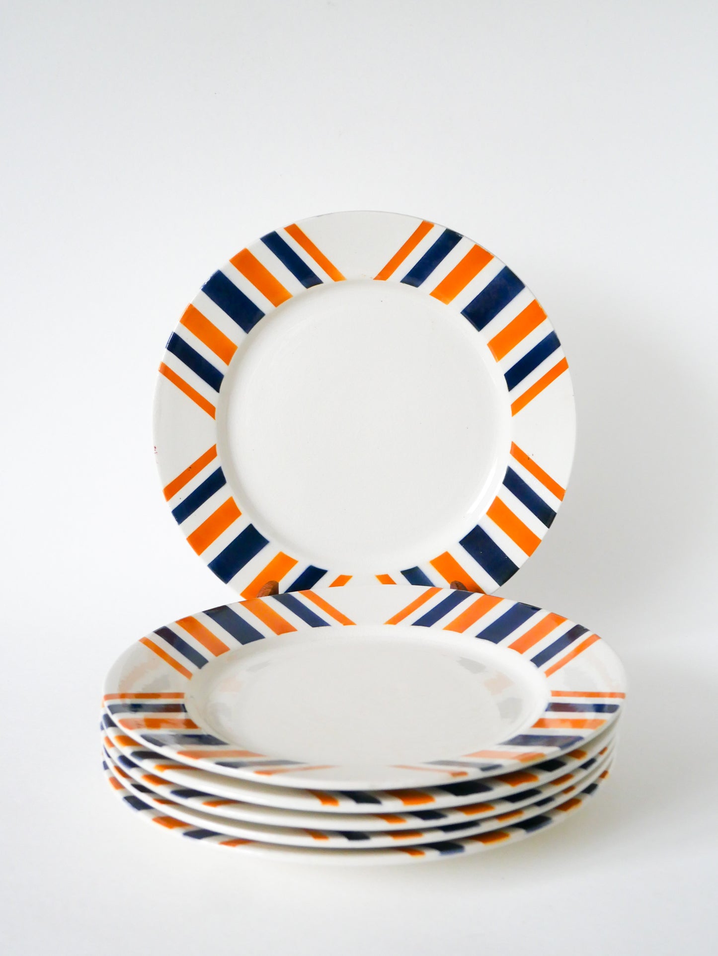 Lot de 6 assiettes plates à rayures, HBCM modèle "Eskualouna", Orange et Bleu, 1960