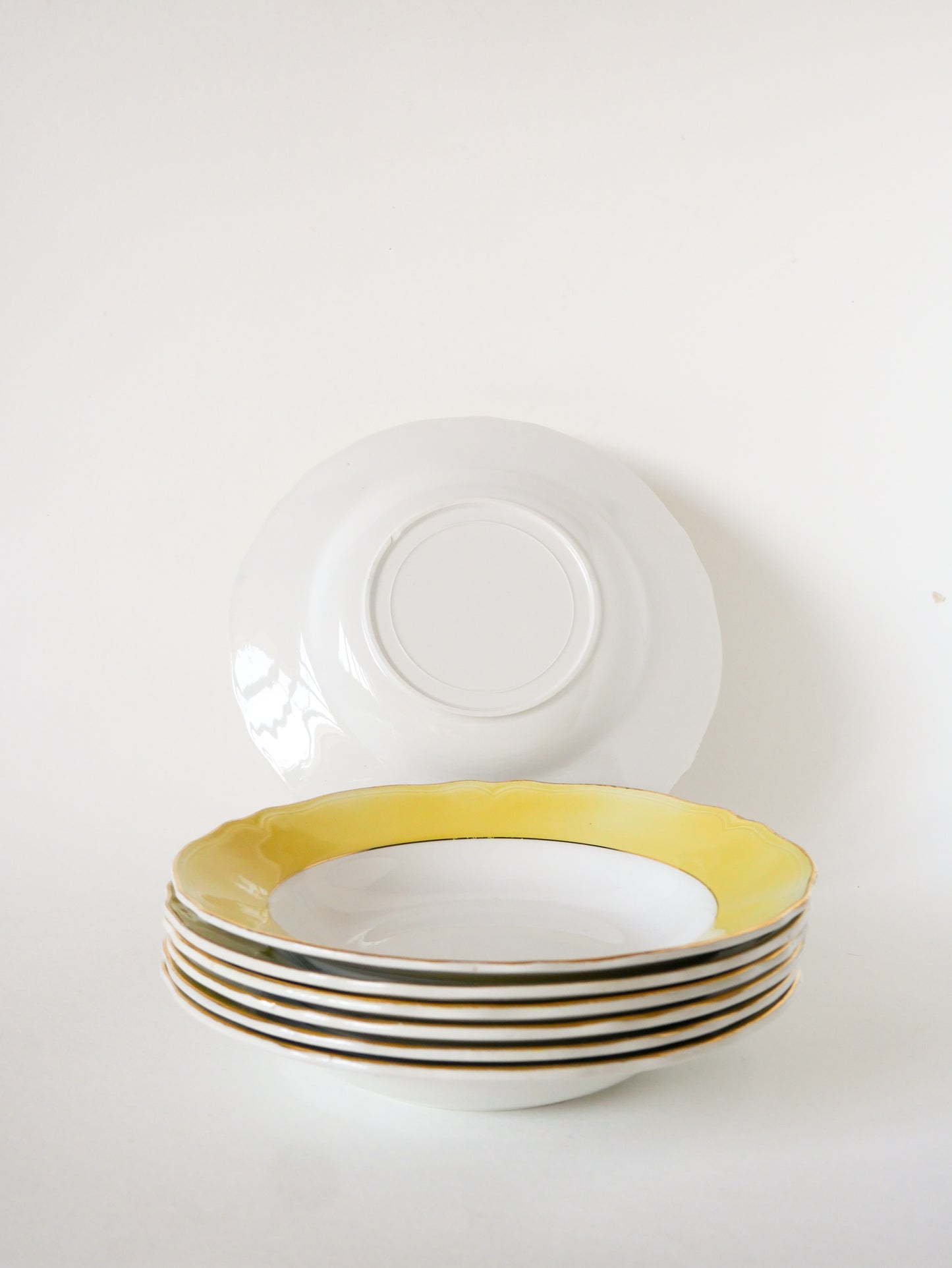 Lot de 7 assiettes creuses Badonviller à Liserés, Jaune & Doré, 1960