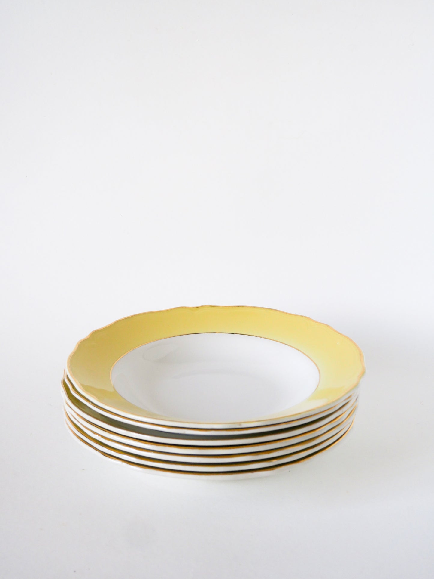 Lot de 7 assiettes creuses Badonviller à Liserés, Jaune & Doré, 1960