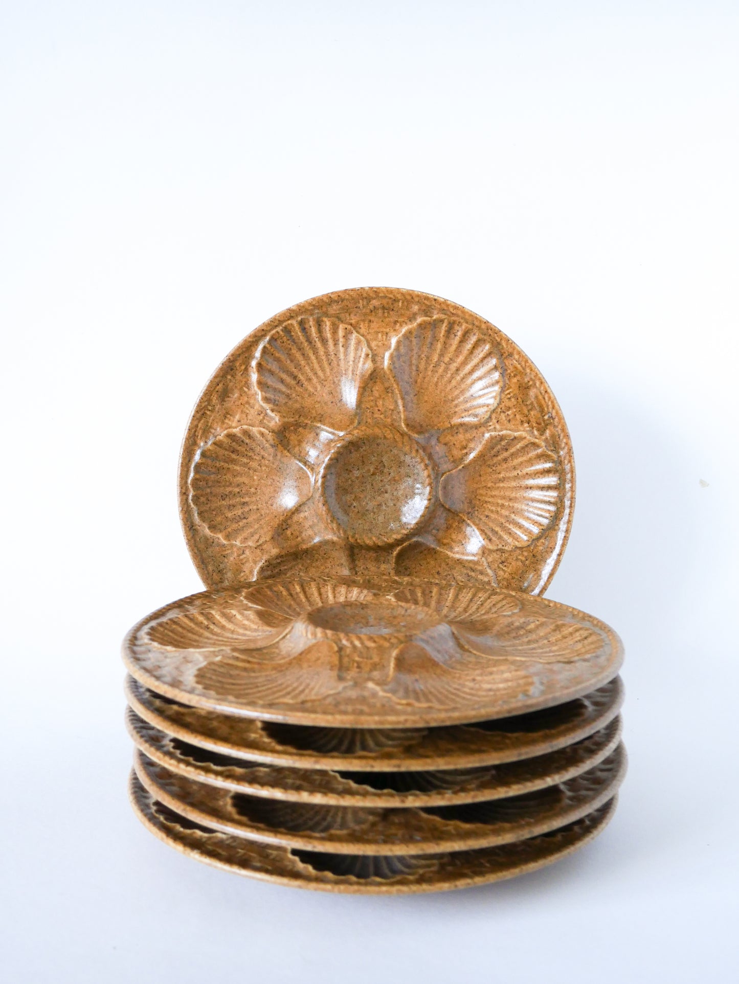 Lot de 6 assiettes à huîtres en grès, Beige & Brun, 1970