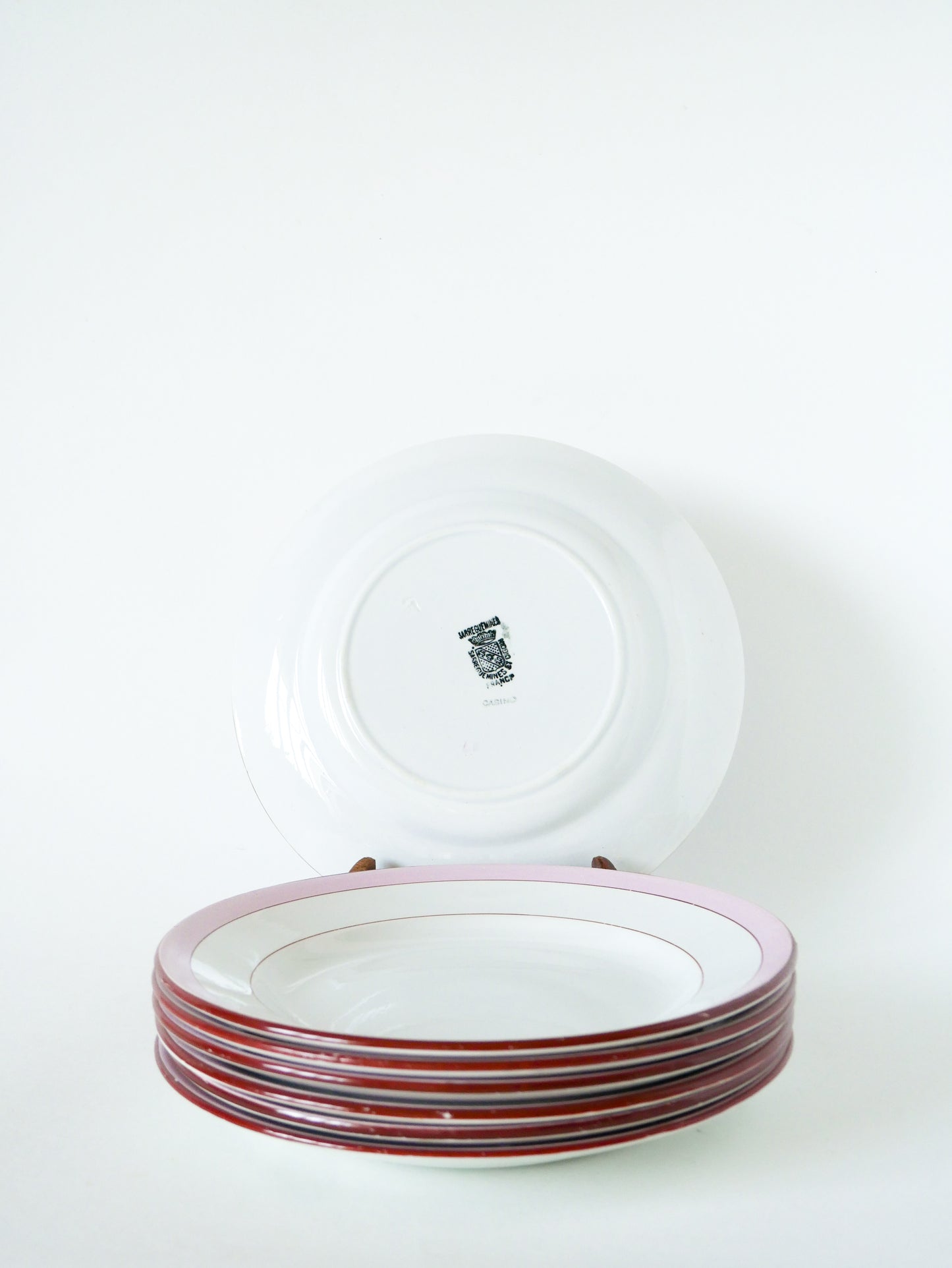 Lot de de 7 assiettes plates Digoin Sarreguemines, modèle Casino, Rose Bonbon, 1960