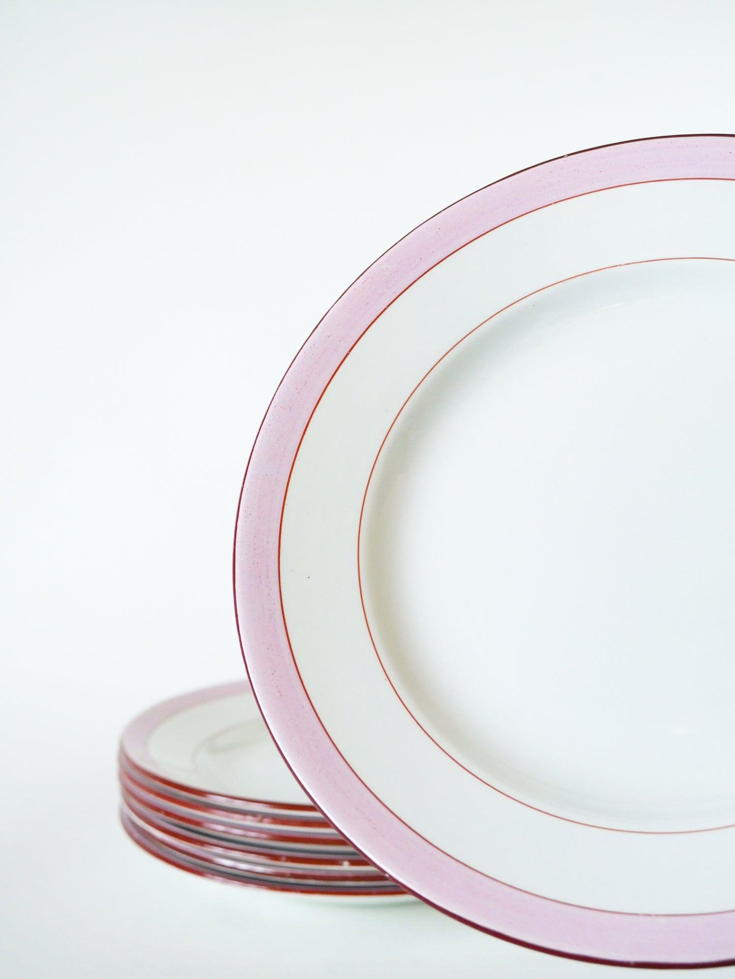 Lot de de 7 assiettes plates Digoin Sarreguemines, modèle Casino, Rose Bonbon, 1960