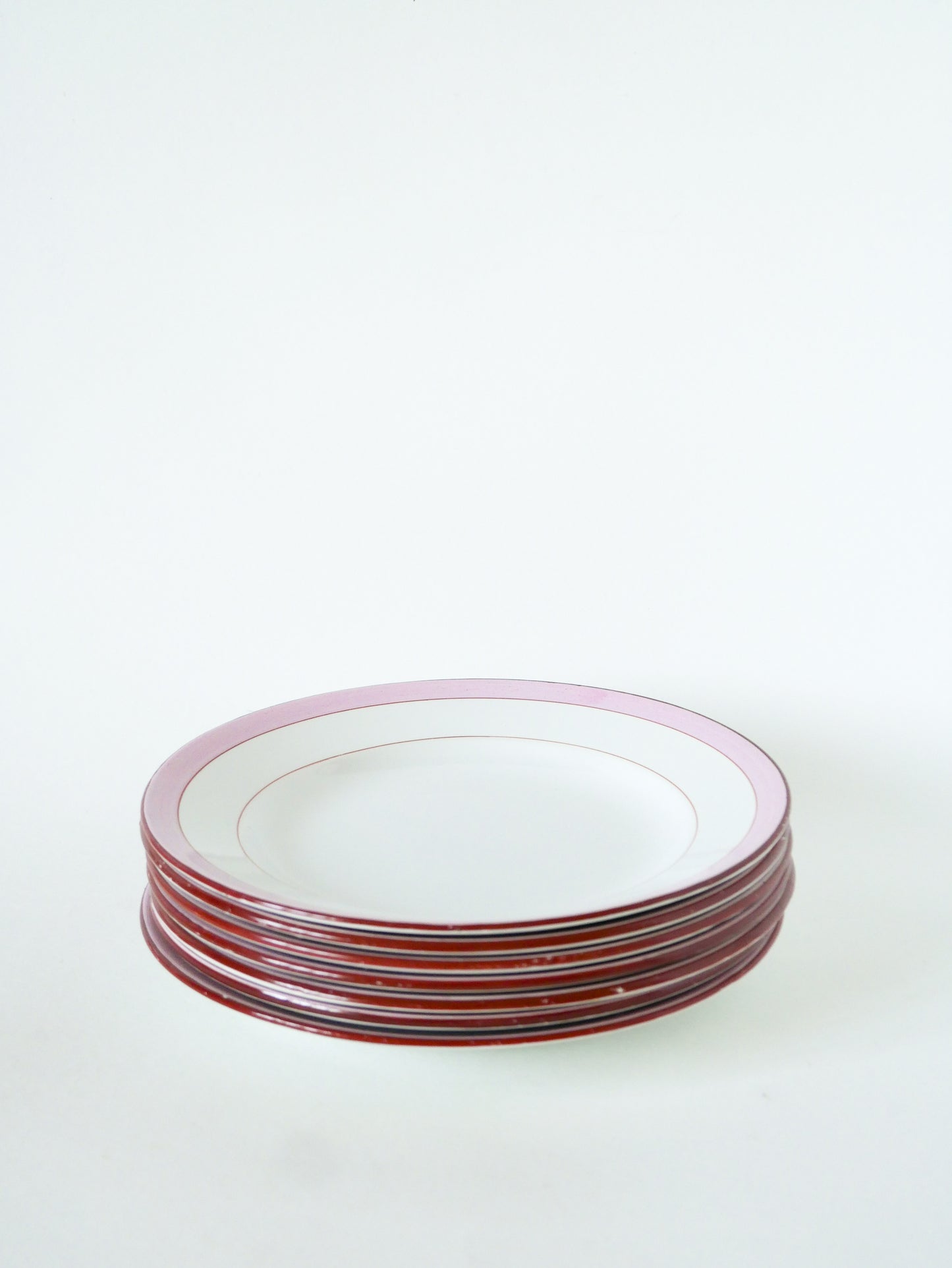 Lot de de 7 assiettes plates Digoin Sarreguemines, modèle Casino, Rose Bonbon, 1960
