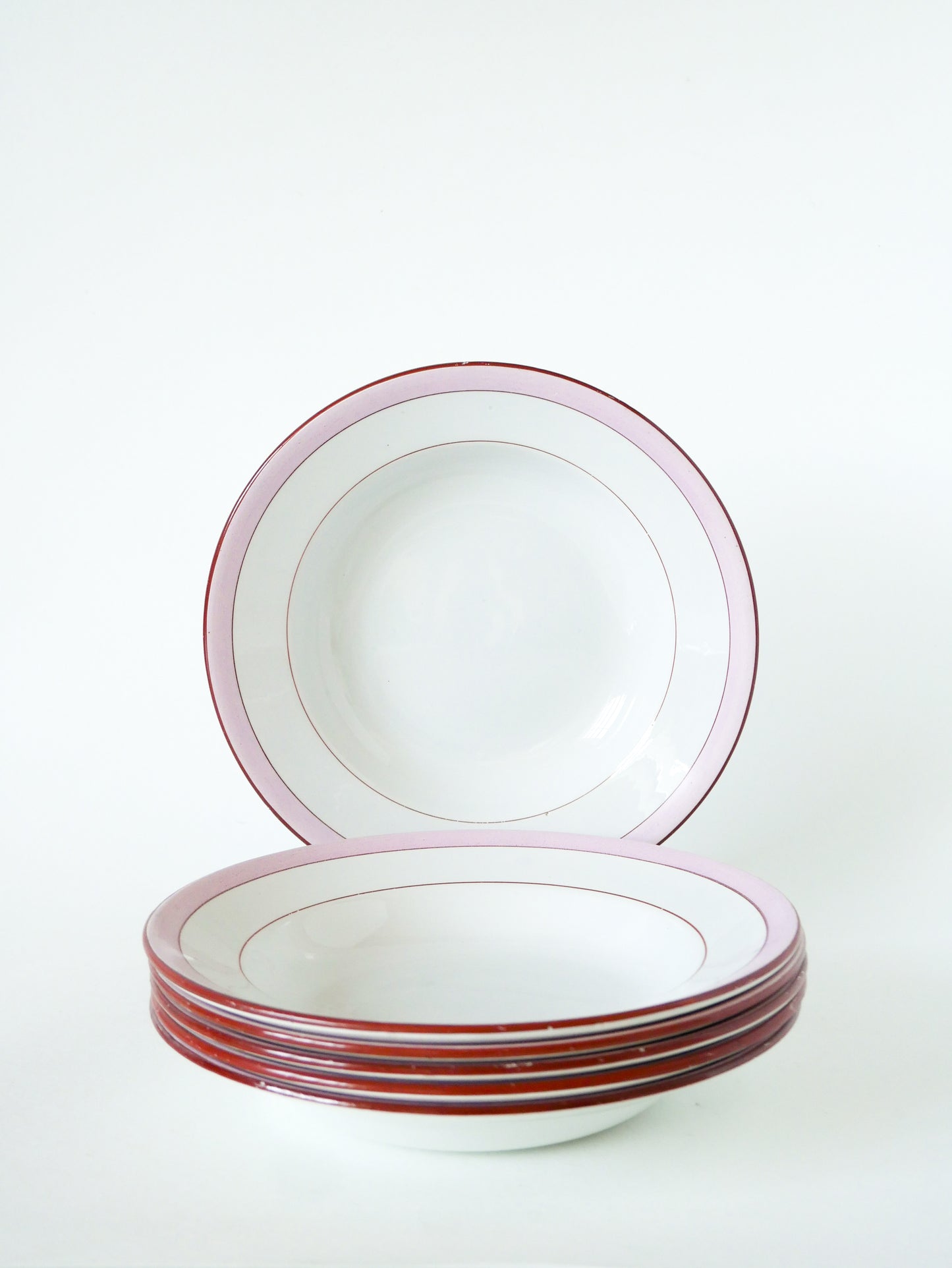 Lot de de 6 assiettes creuses Digoin Sarreguemines, modèle Casino, Rose Bonbon, 1960