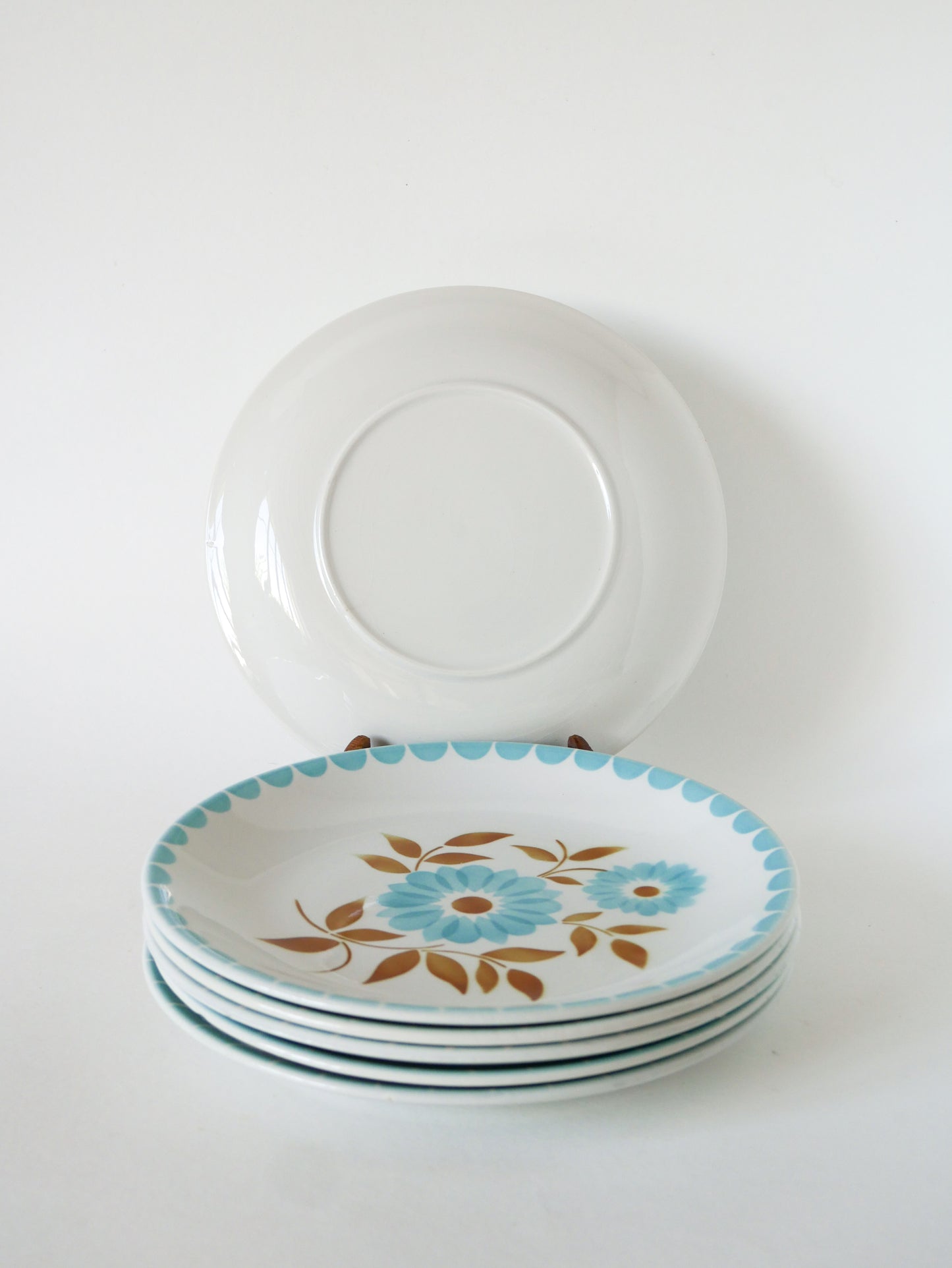 Lot de 6 assiettes semi-creuses à fleurs, Bleu Ciel et Marron, 1970
