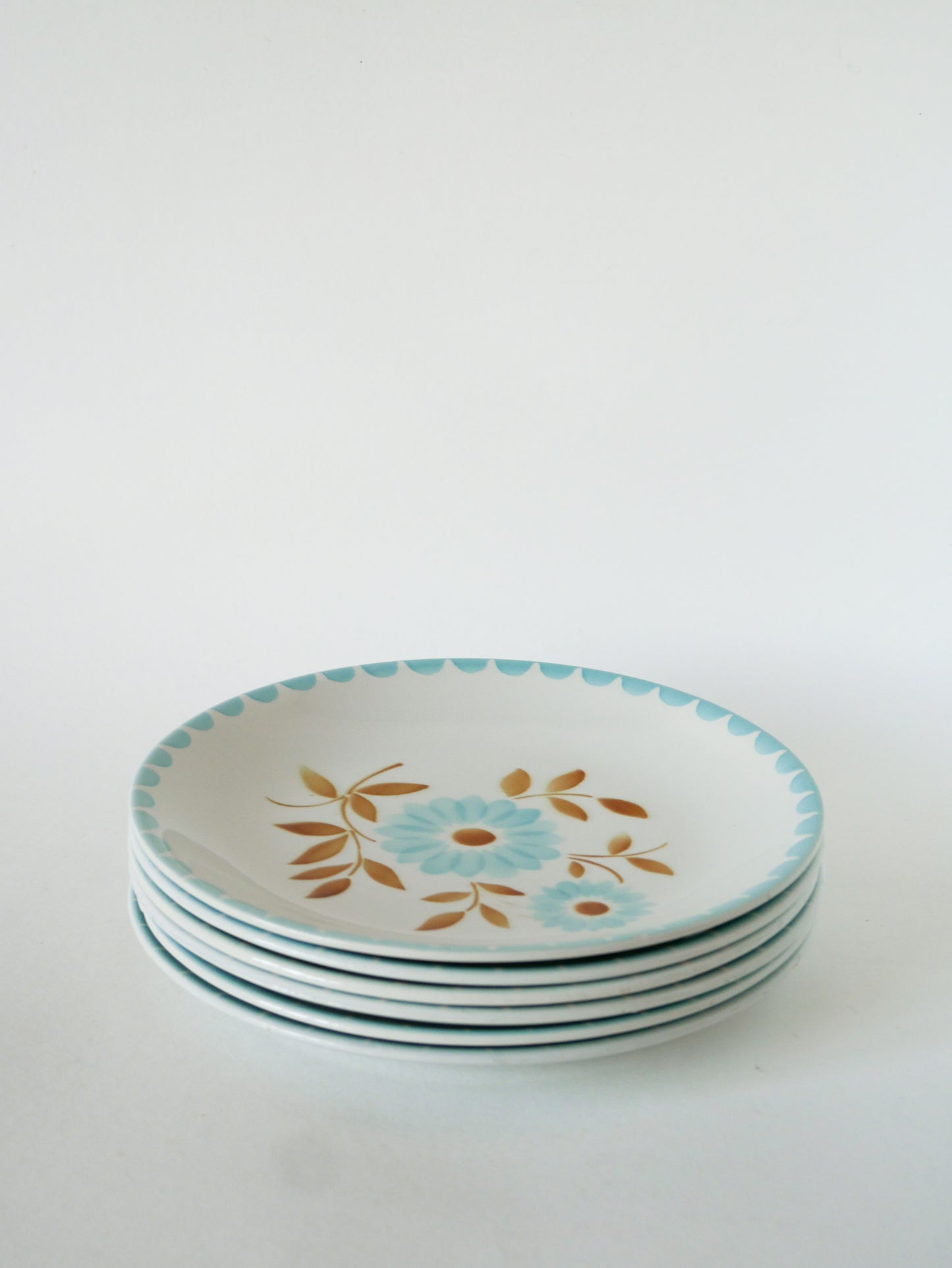 Lot de 6 assiettes semi-creuses à fleurs, Bleu Ciel et Marron, 1970