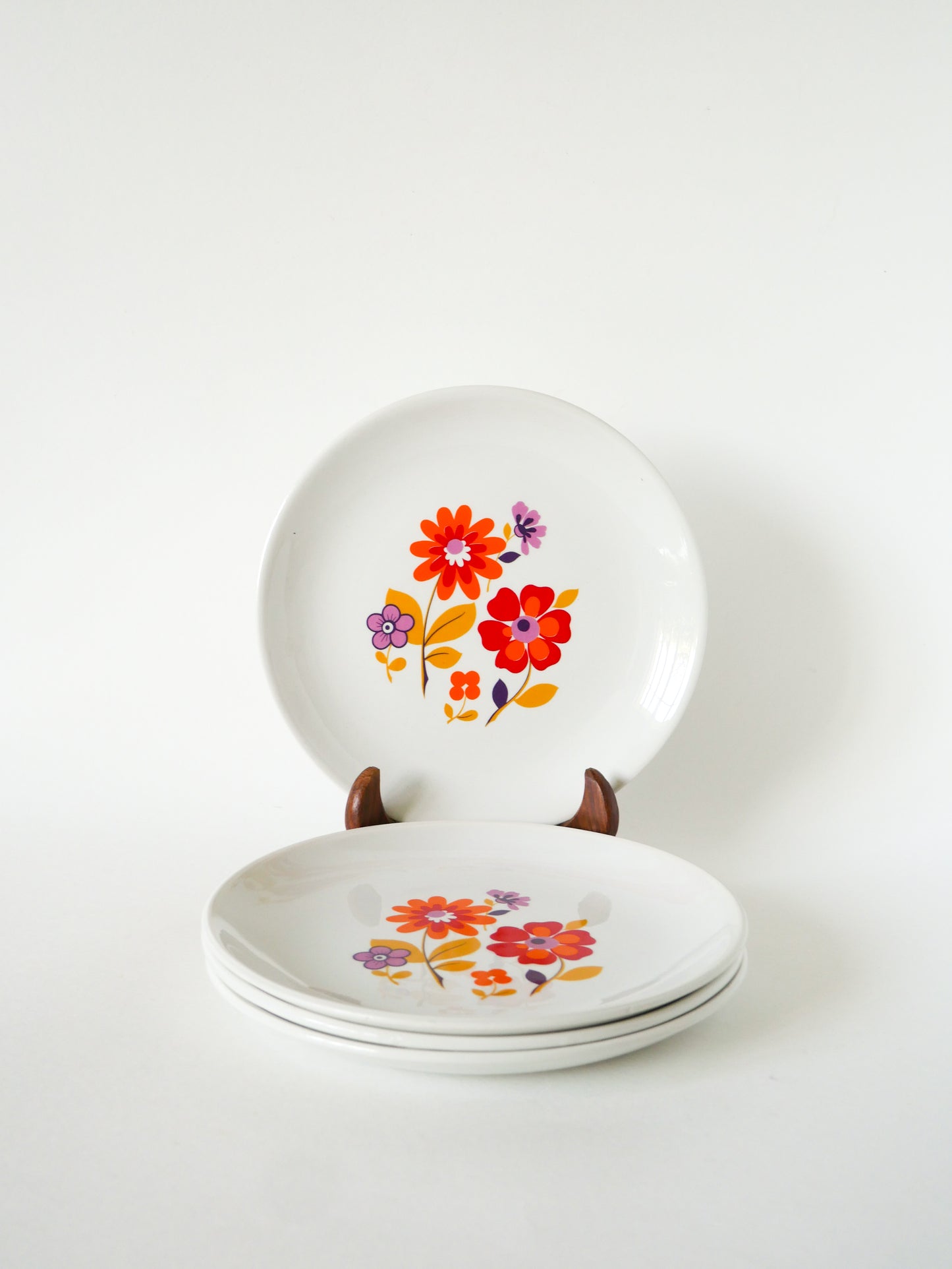 Lot de 4 assiettes à dessert motifs Psyche Fleurs, Orange, 1970