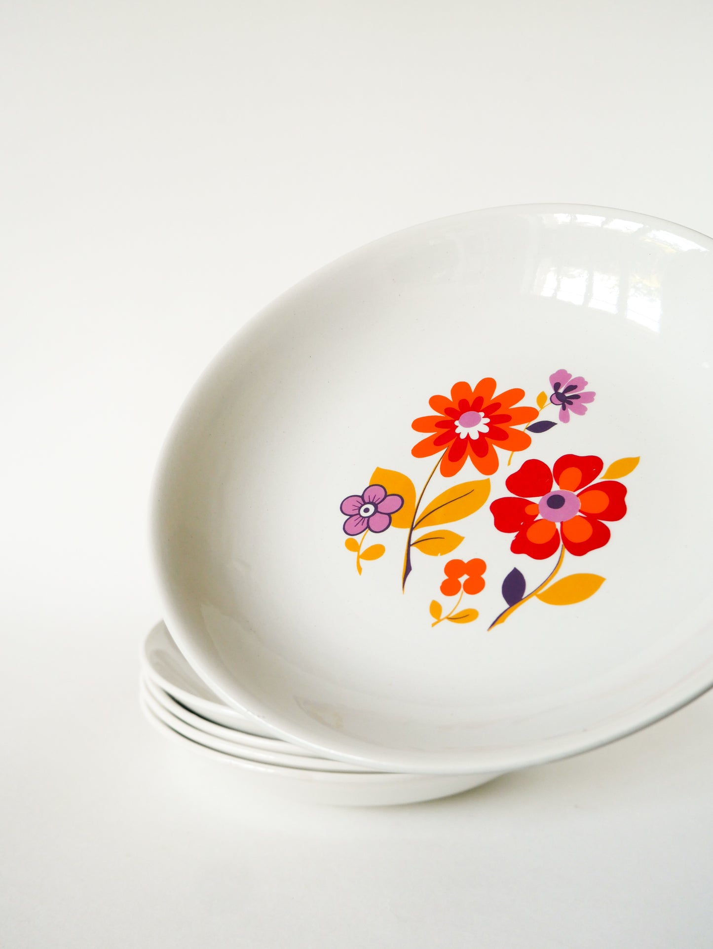 Lot de 5 assiettes creuses motifs Psyche Fleurs, Orange, 1970