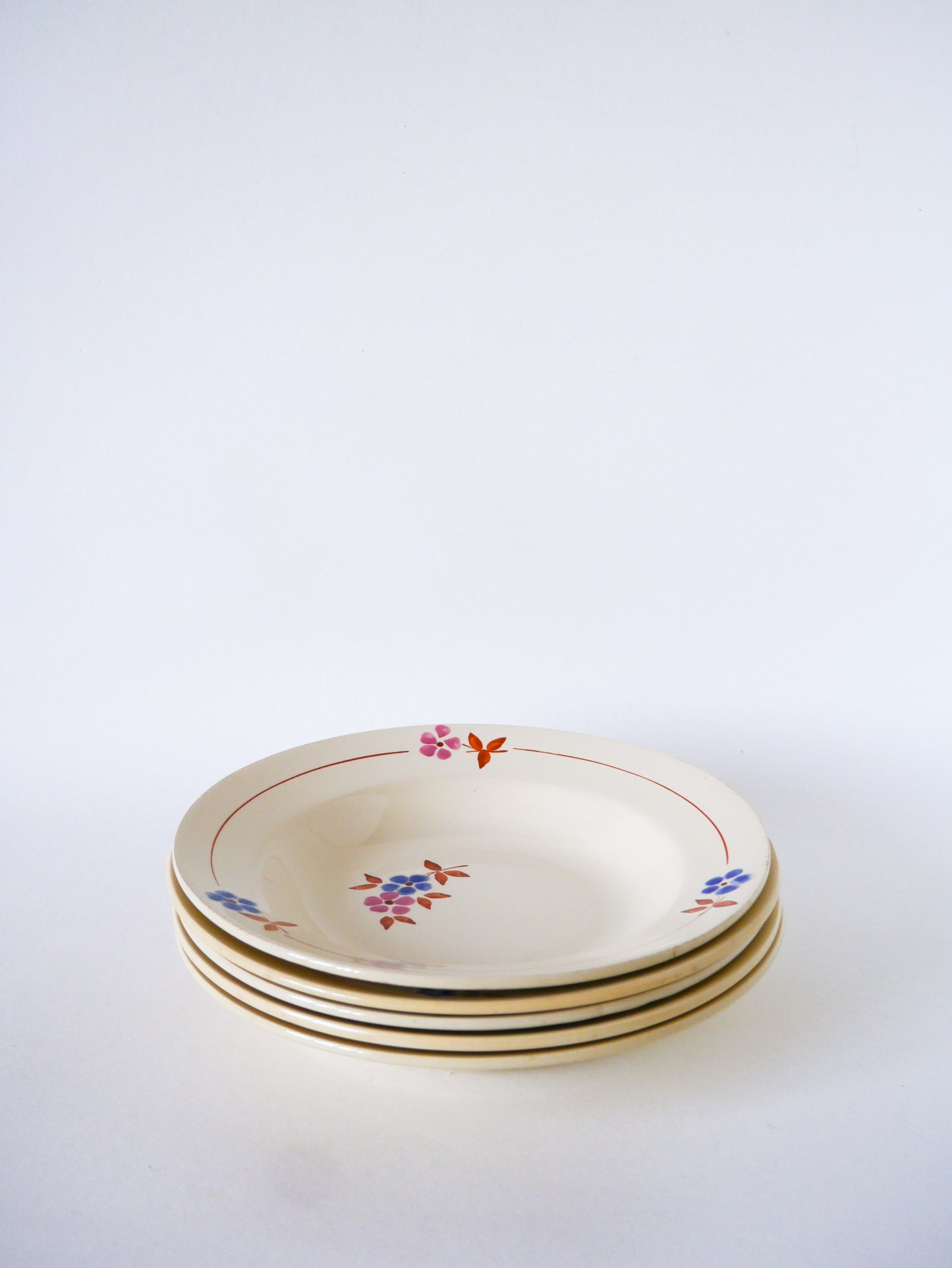 Lot de 5 assiettes creuses, Moulin des Loups, Rose, Bleu & Marron, 1950